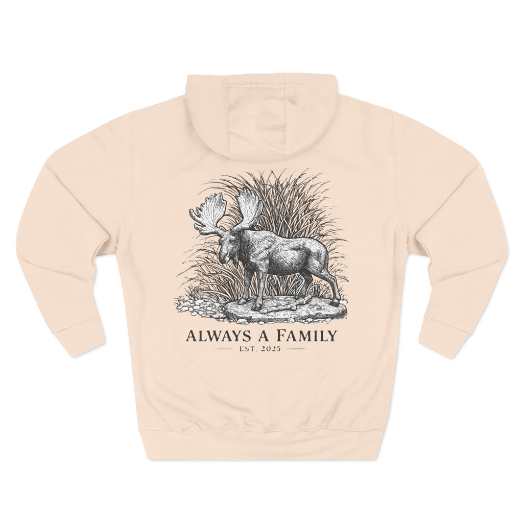 Moose Illustration Hoodie — "Always A Family" Graphic Fleece Hoodie