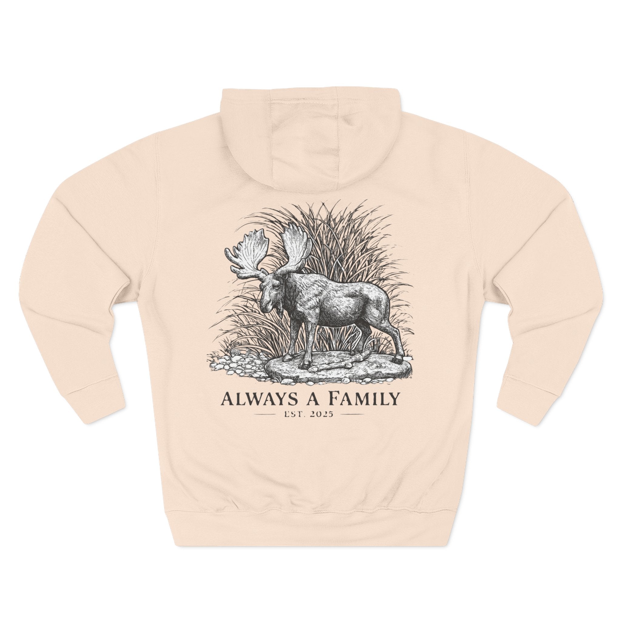 Moose Illustration Hoodie — "Always A Family" Graphic Fleece Hoodie