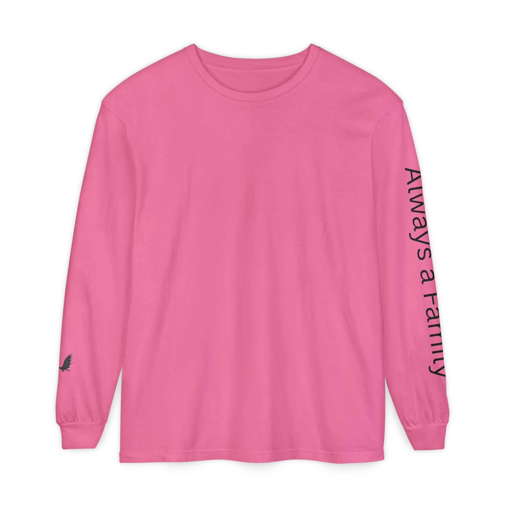 Long Sleeve T‑Shirt — “Always a Family” Sleeve Graphic, Minimal White Crewneck