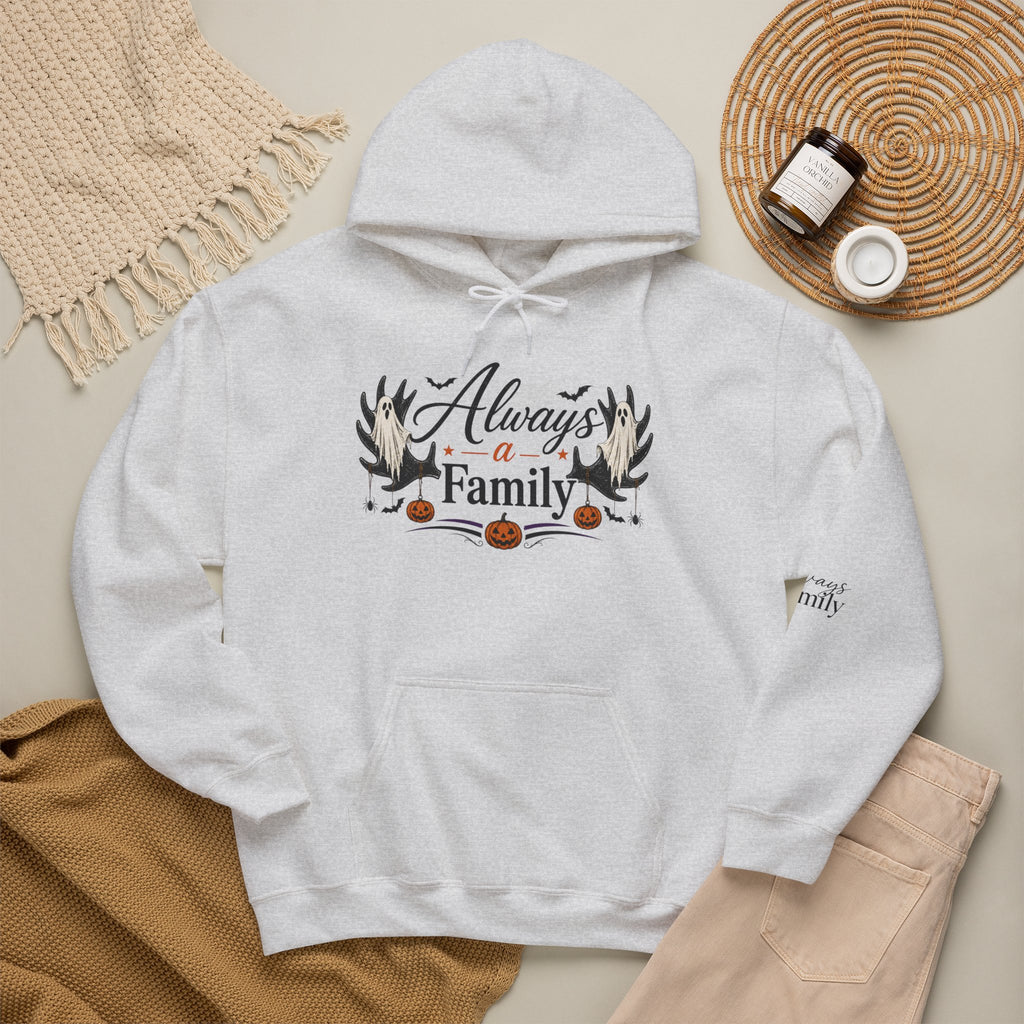 Always a Family Hoodie — Cozy Fall Halloween Antler Graphic Pullover
