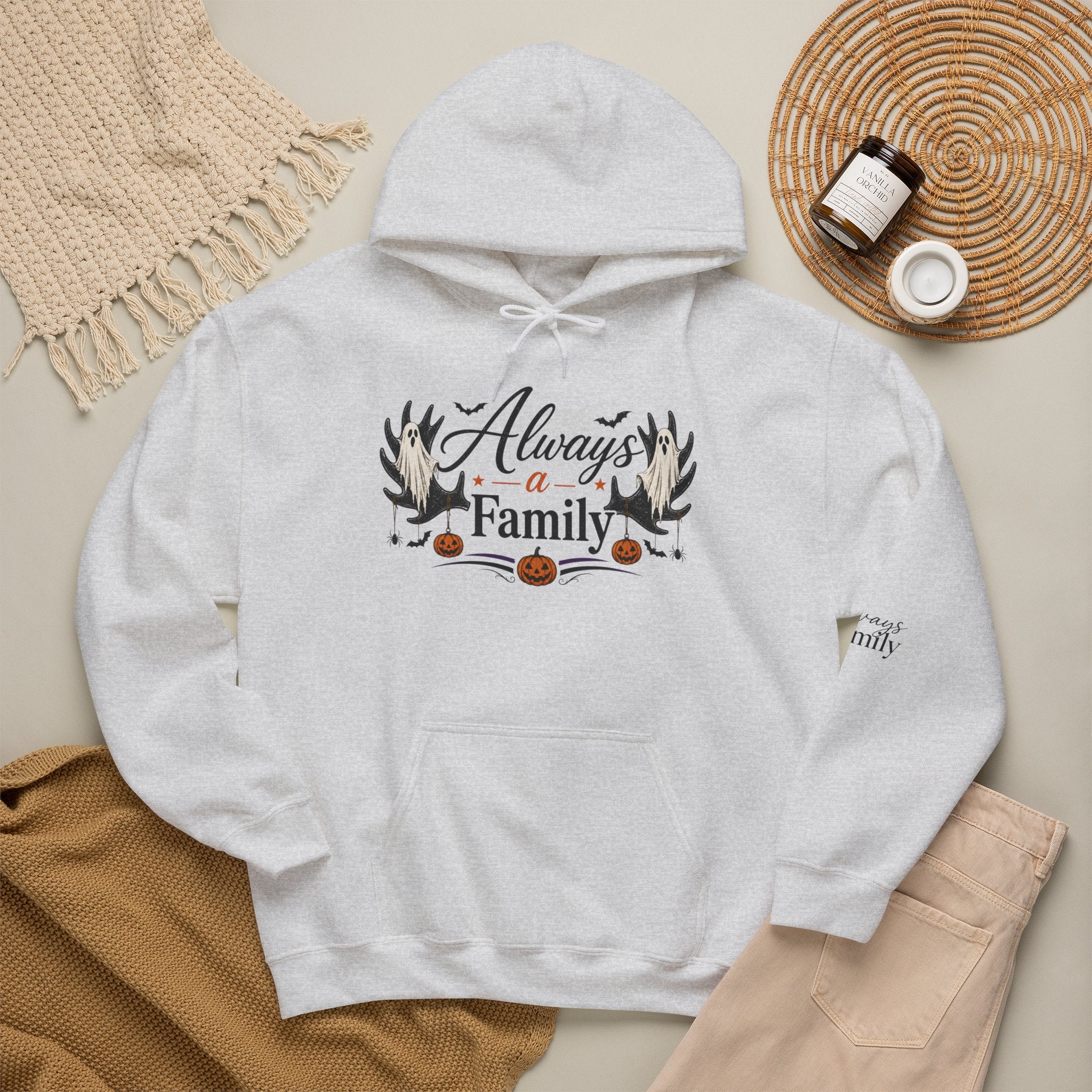 Always a Family Hoodie — Cozy Fall Halloween Antler Graphic Pullover