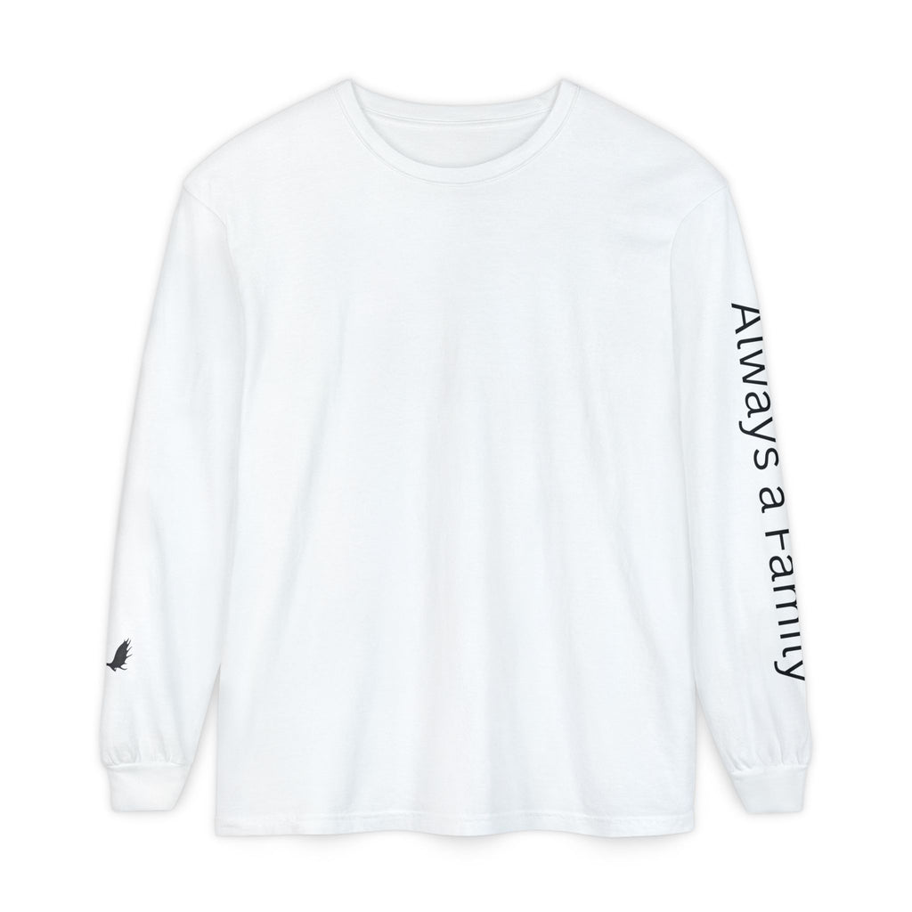 Long Sleeve T‑Shirt — “Always a Family” Sleeve Graphic, Minimal White Crewneck