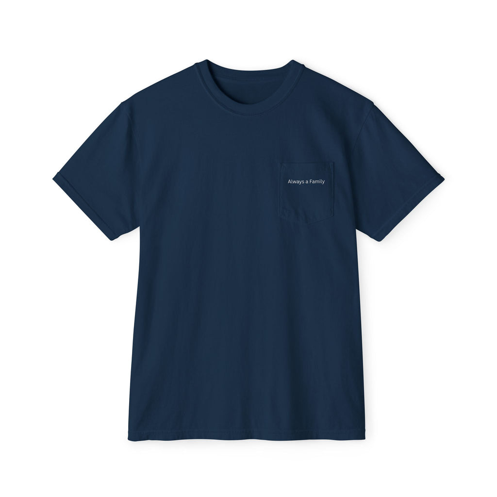 Pocket T-Shirt — Minimal 'Family' Chest Print, Garment-Dyed Casual Tee