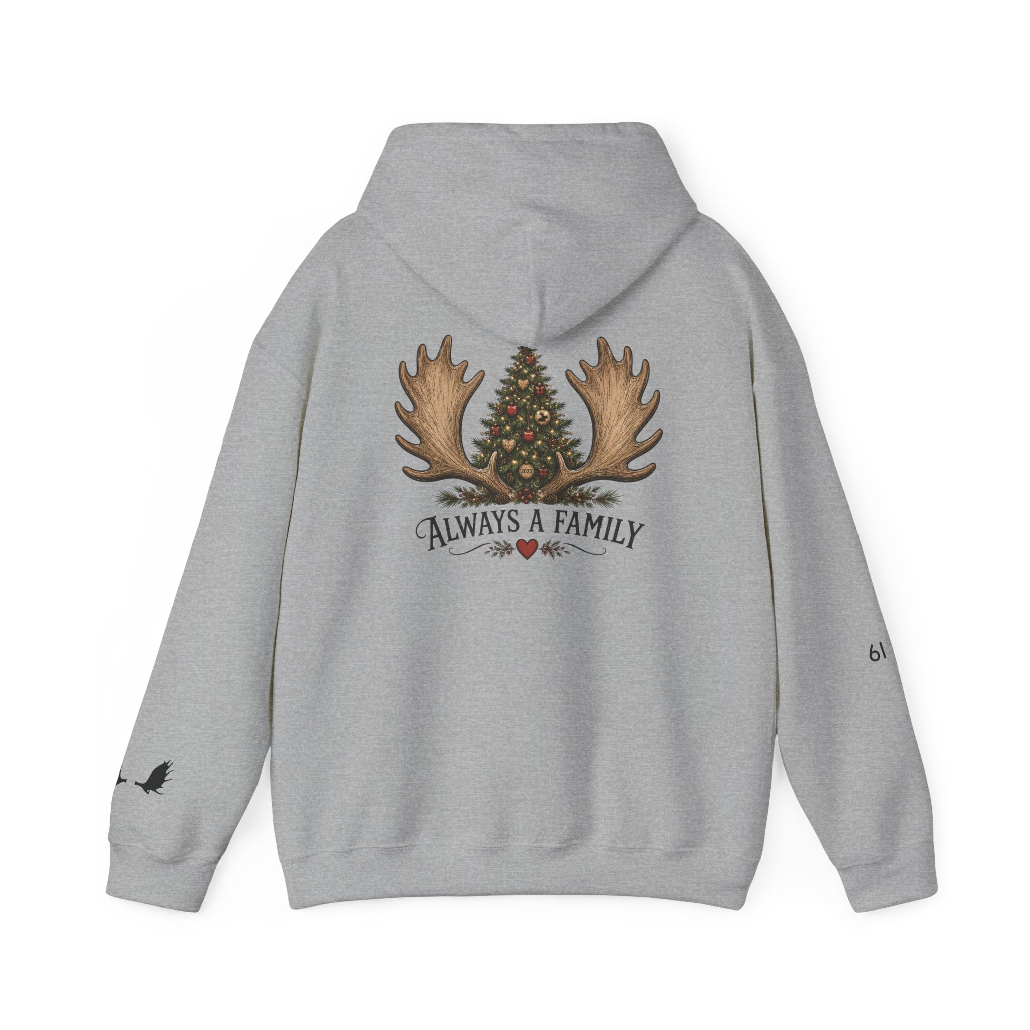 Hoodie — "Always a Family" Christmas Moose Antler Tree Holiday Hoodie