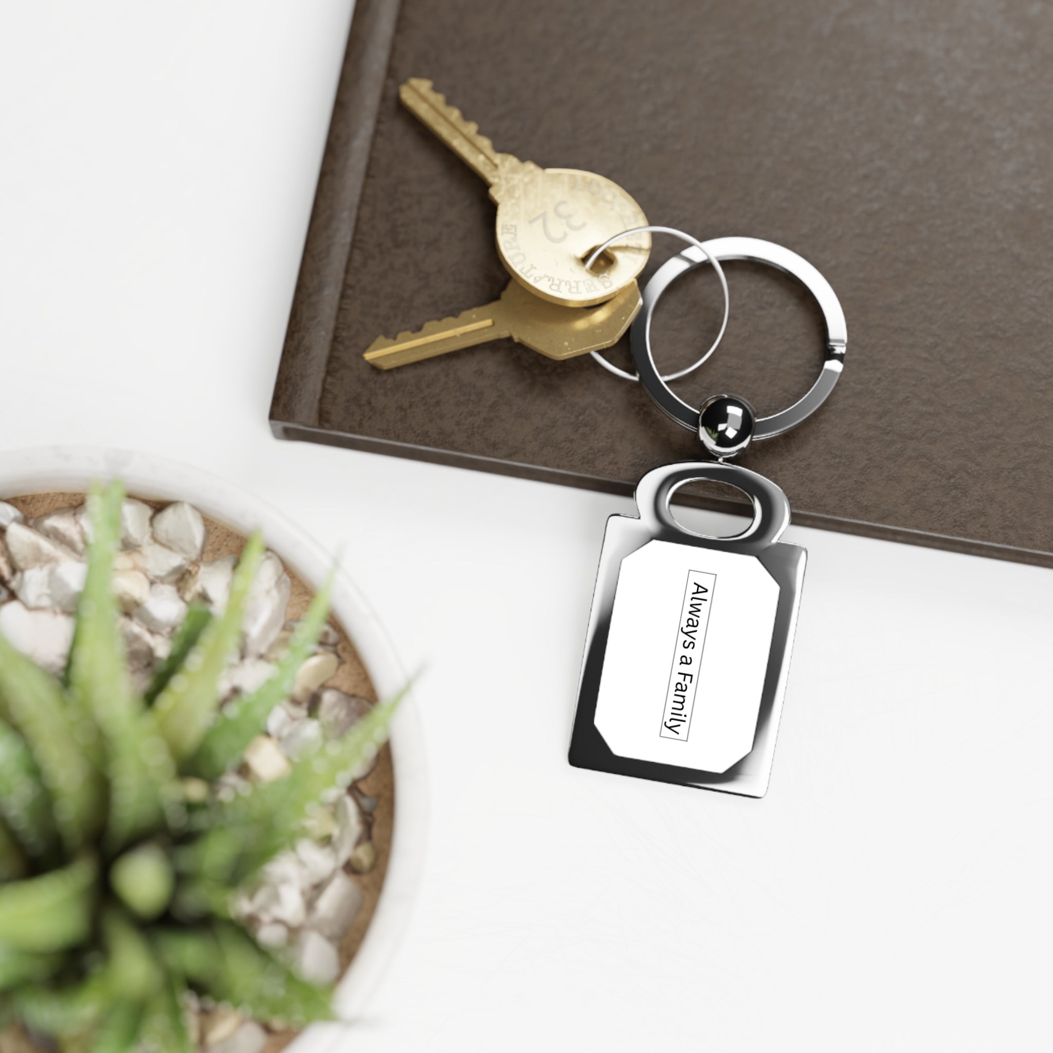 Rectangle Photo Keyring — Personalized Photo or Text Metal Keychain ("Always a Family")