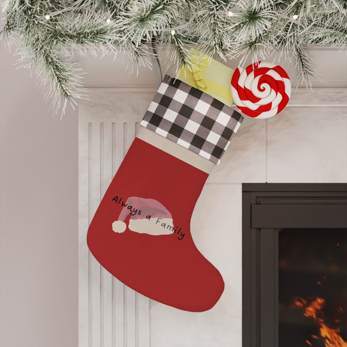 Christmas Stocking — Personalized Buffalo Plaid Santa Hat Stocking ("Always a Family")