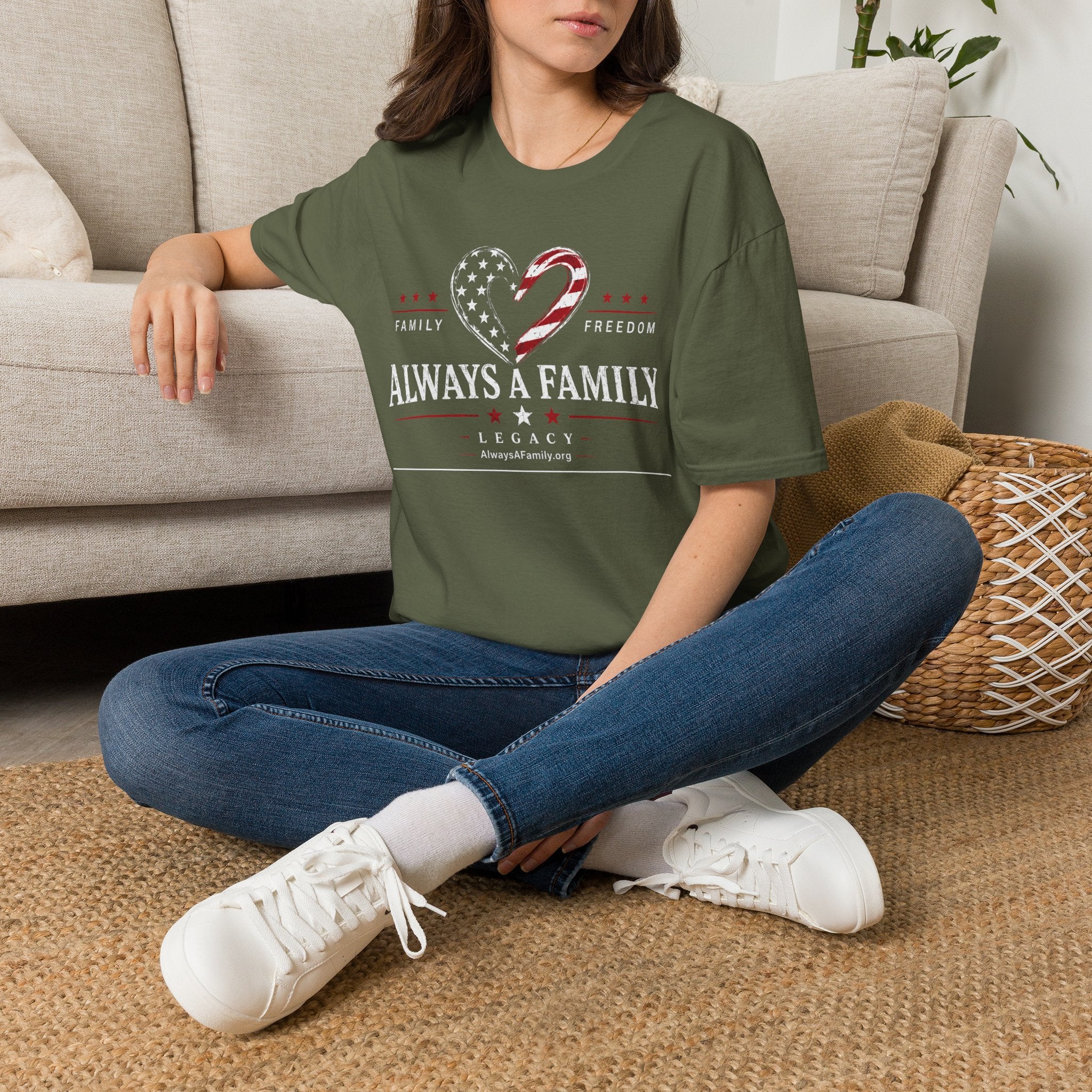Always a Family T-Shirt — American Flag Heart "Family • Freedom" Patriotic Tee