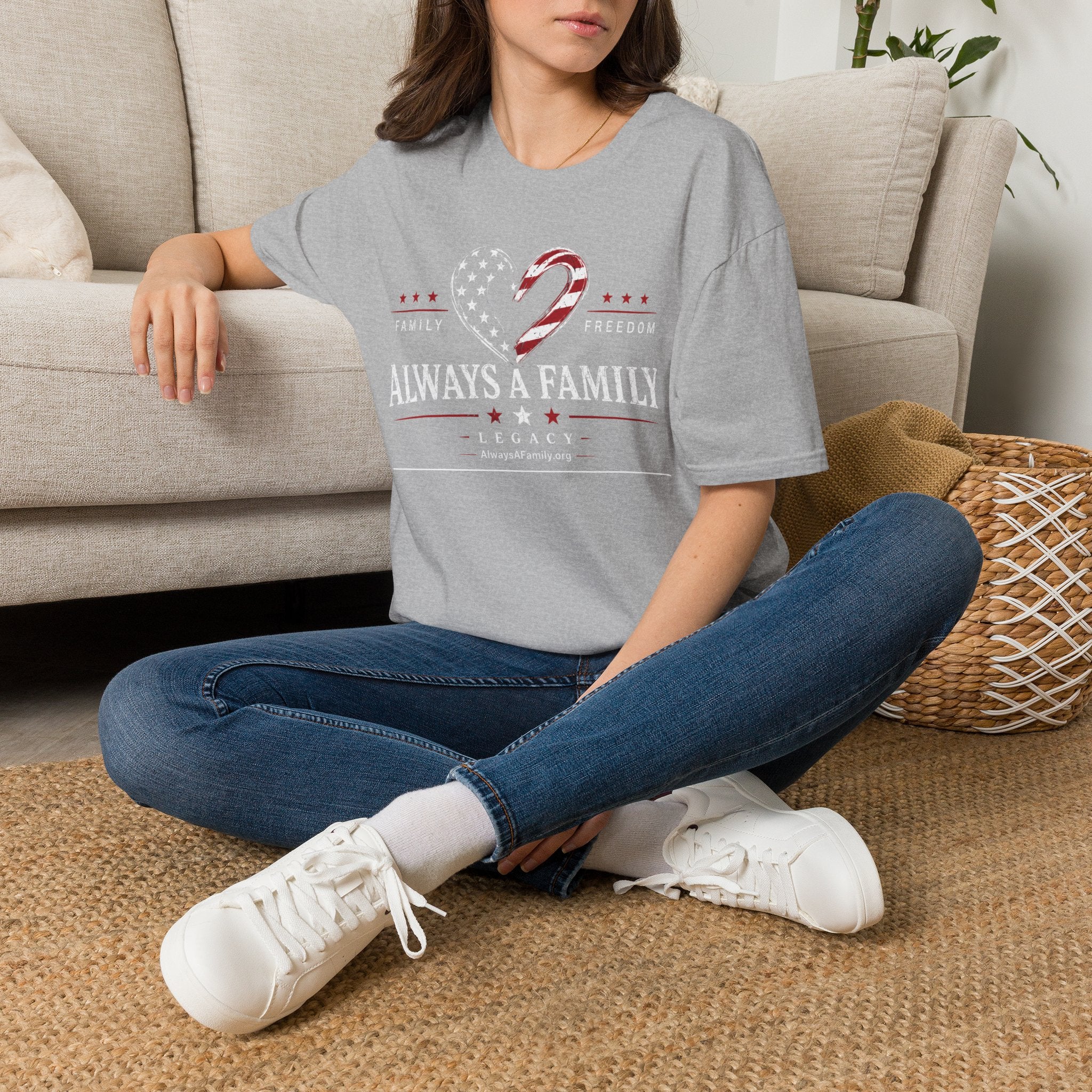 Always a Family T-Shirt — American Flag Heart "Family • Freedom" Patriotic Tee