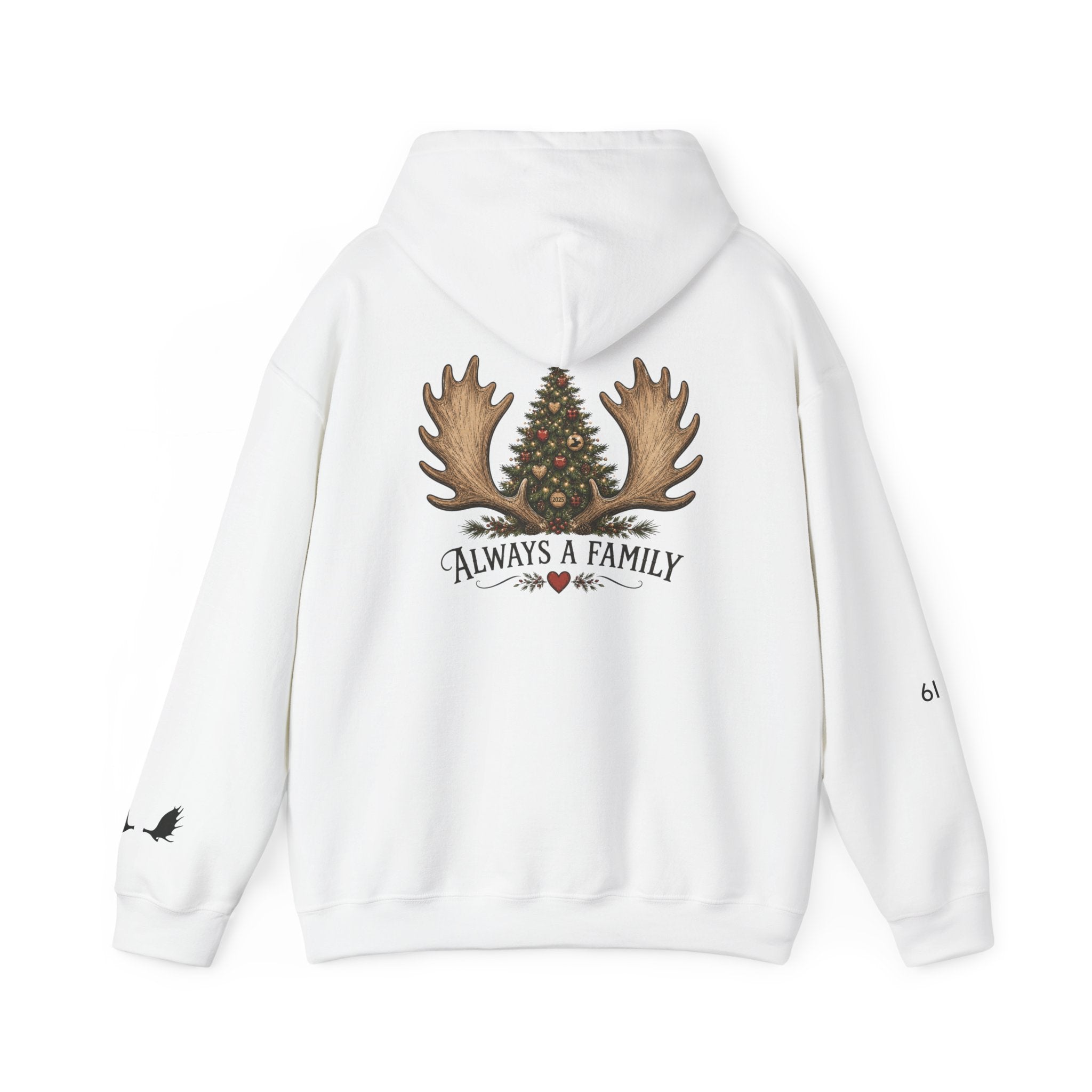 Hoodie — "Always a Family" Christmas Moose Antler Tree Holiday Hoodie