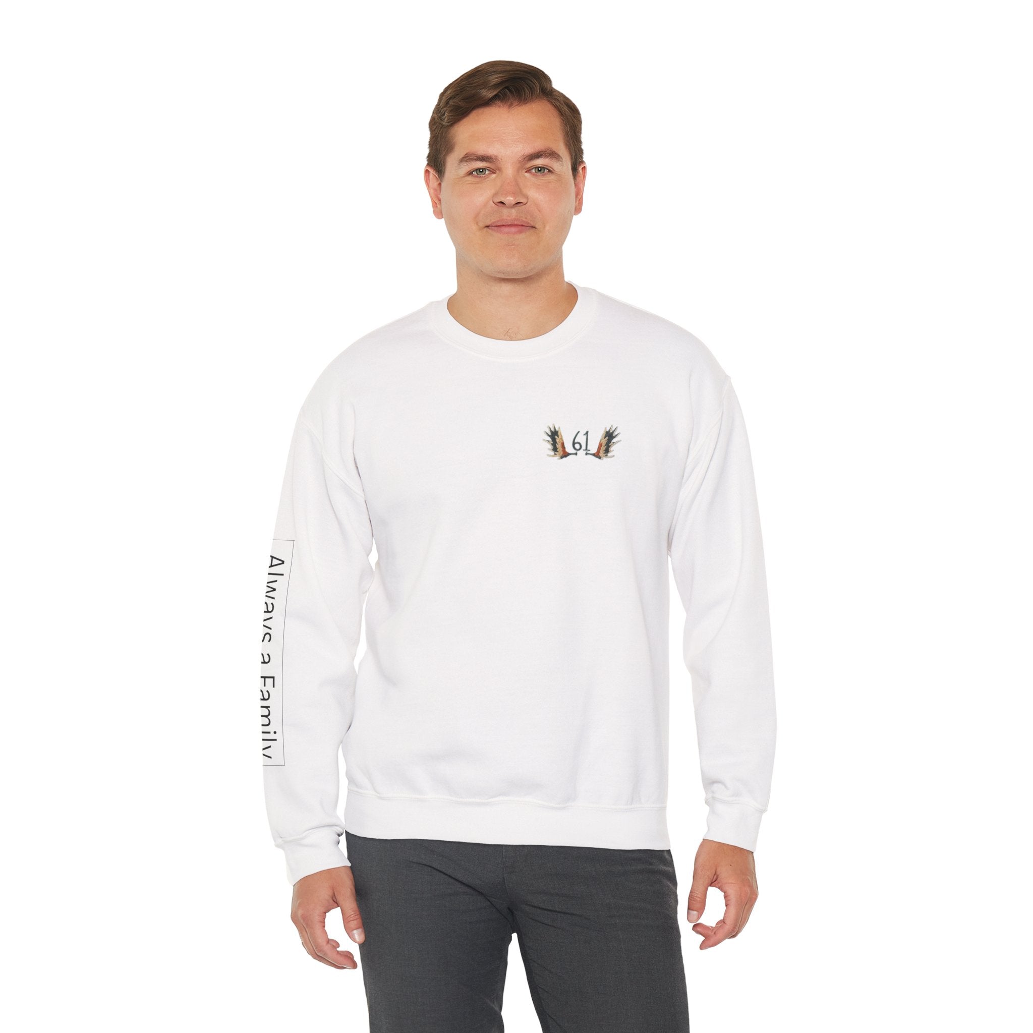 “61” Minimal Crewneck Sweatshirt — Small Chest Emblem with ‘Always a Family’ Sleeve
