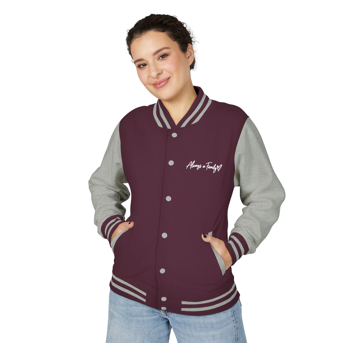 Letterman Jacket —Varsity Jacket with Script Always a Family Chest Logo