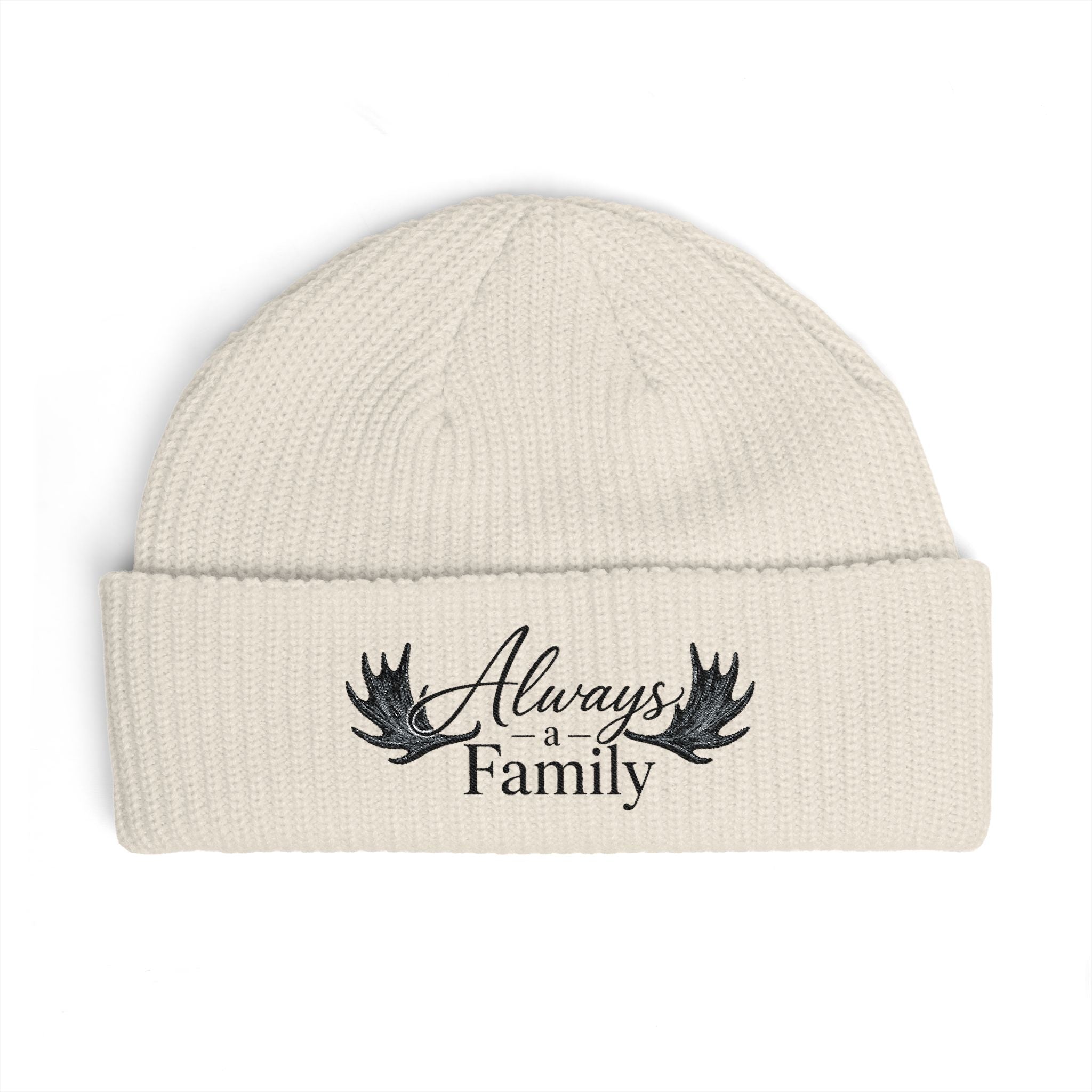 Cuff Beanie — "Always a Family" Embroidered Knit Hat