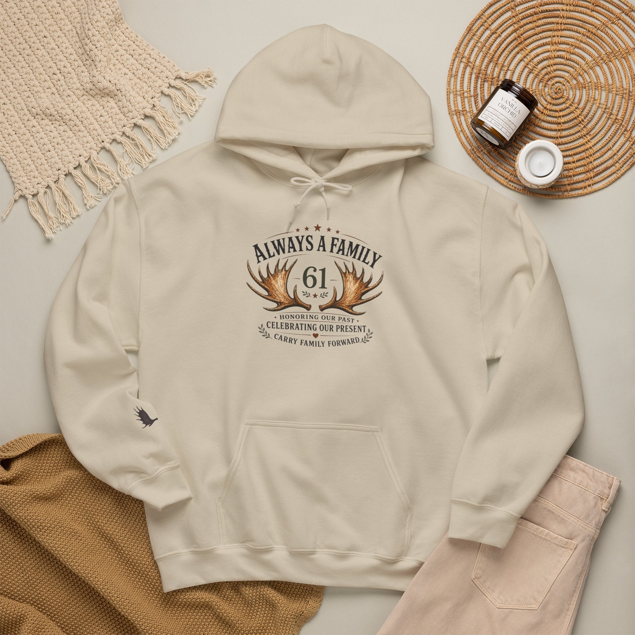 Hoodie — "Always a Family" Heart & Antlers Pullover