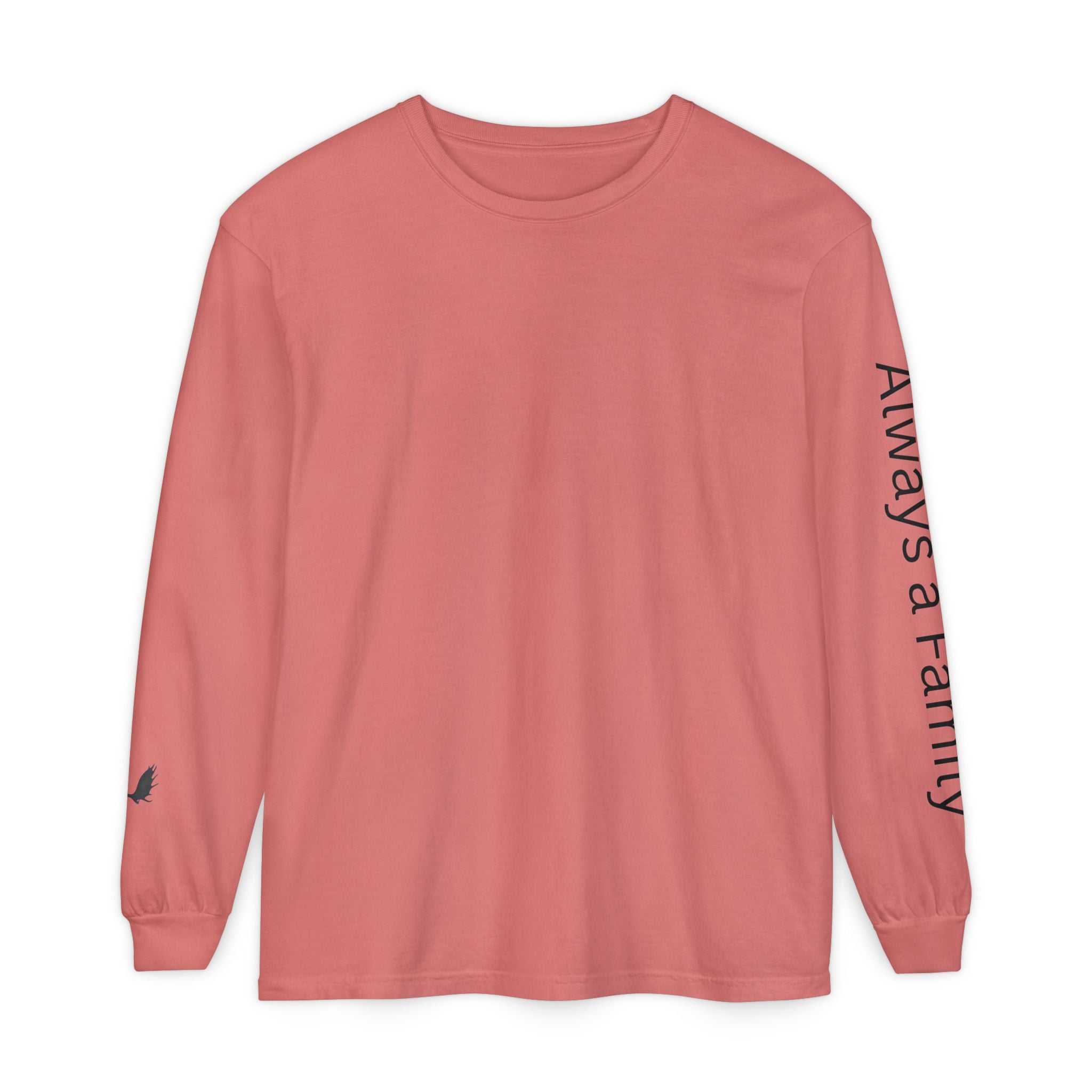 Long Sleeve T‑Shirt — “Always a Family” Sleeve Graphic, Minimal White Crewneck
