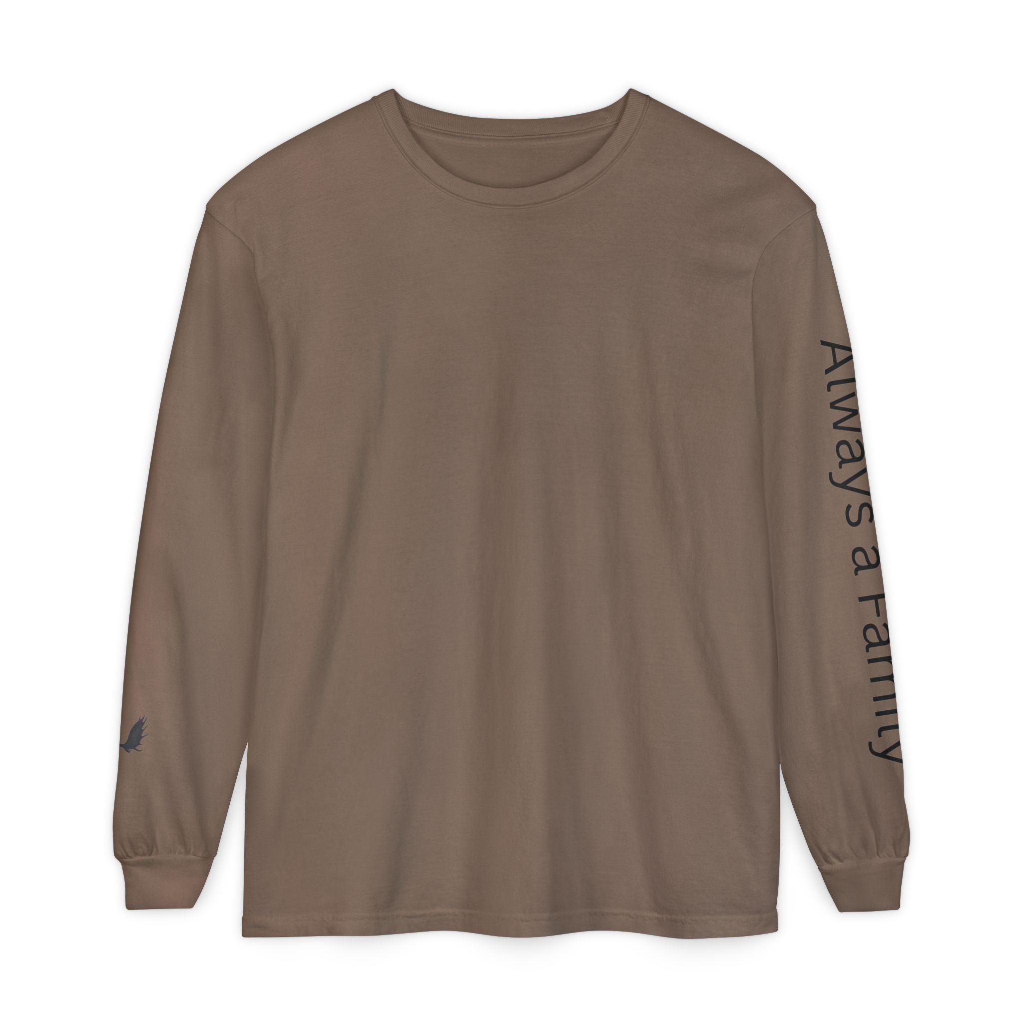 Long Sleeve T‑Shirt — “Always a Family” Sleeve Graphic, Minimal White Crewneck