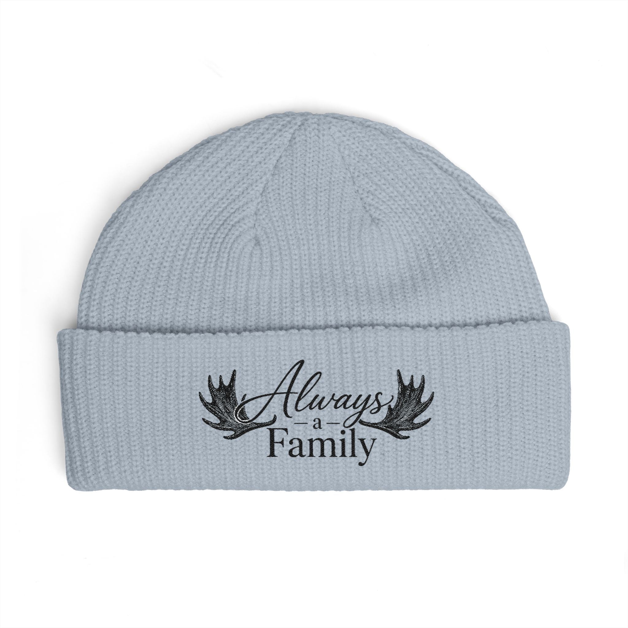 Cuff Beanie — "Always a Family" Embroidered Knit Hat