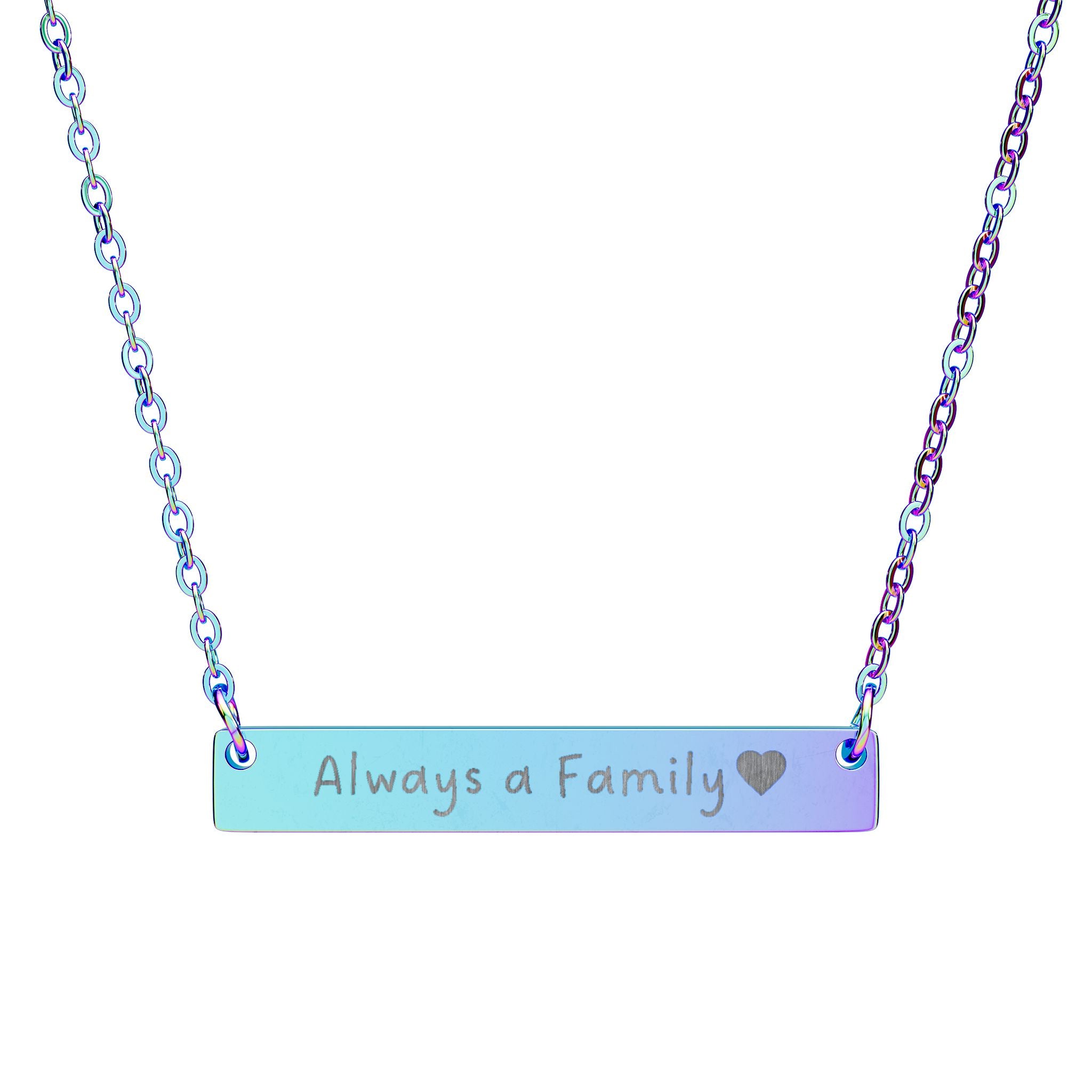 Engravable Horizontal Bar Necklace – Always a Family & Heart Pendant
