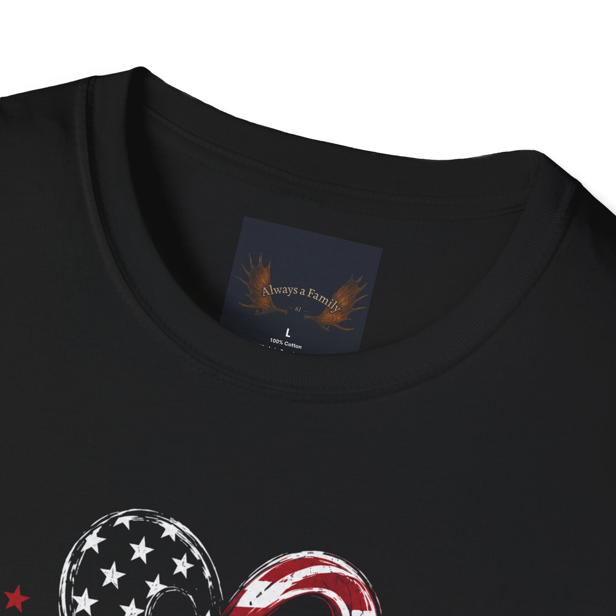 Always a Family T-Shirt — American Flag Heart "Family • Freedom" Patriotic Tee