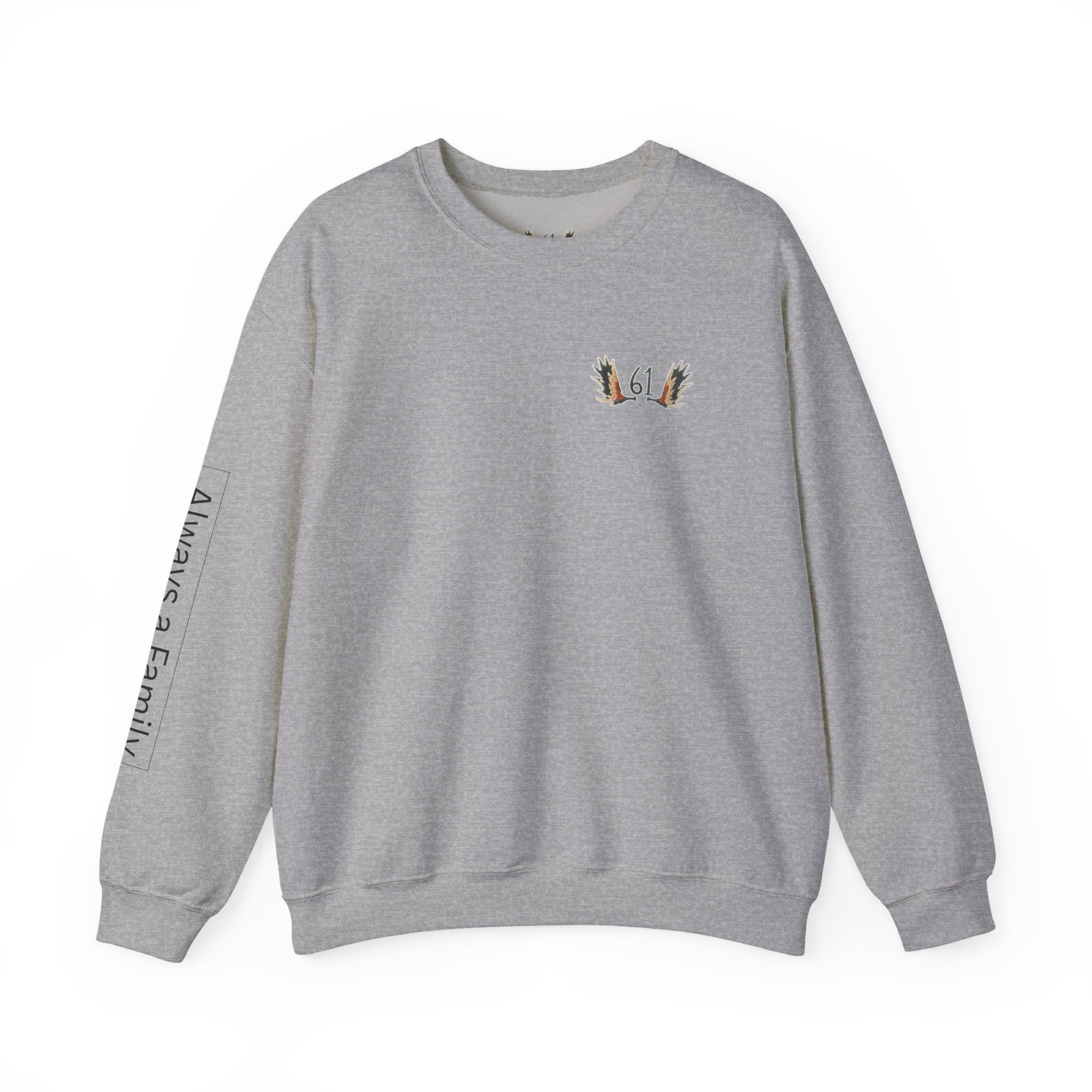 “61” Minimal Crewneck Sweatshirt — Small Chest Emblem with ‘Always a Family’ Sleeve