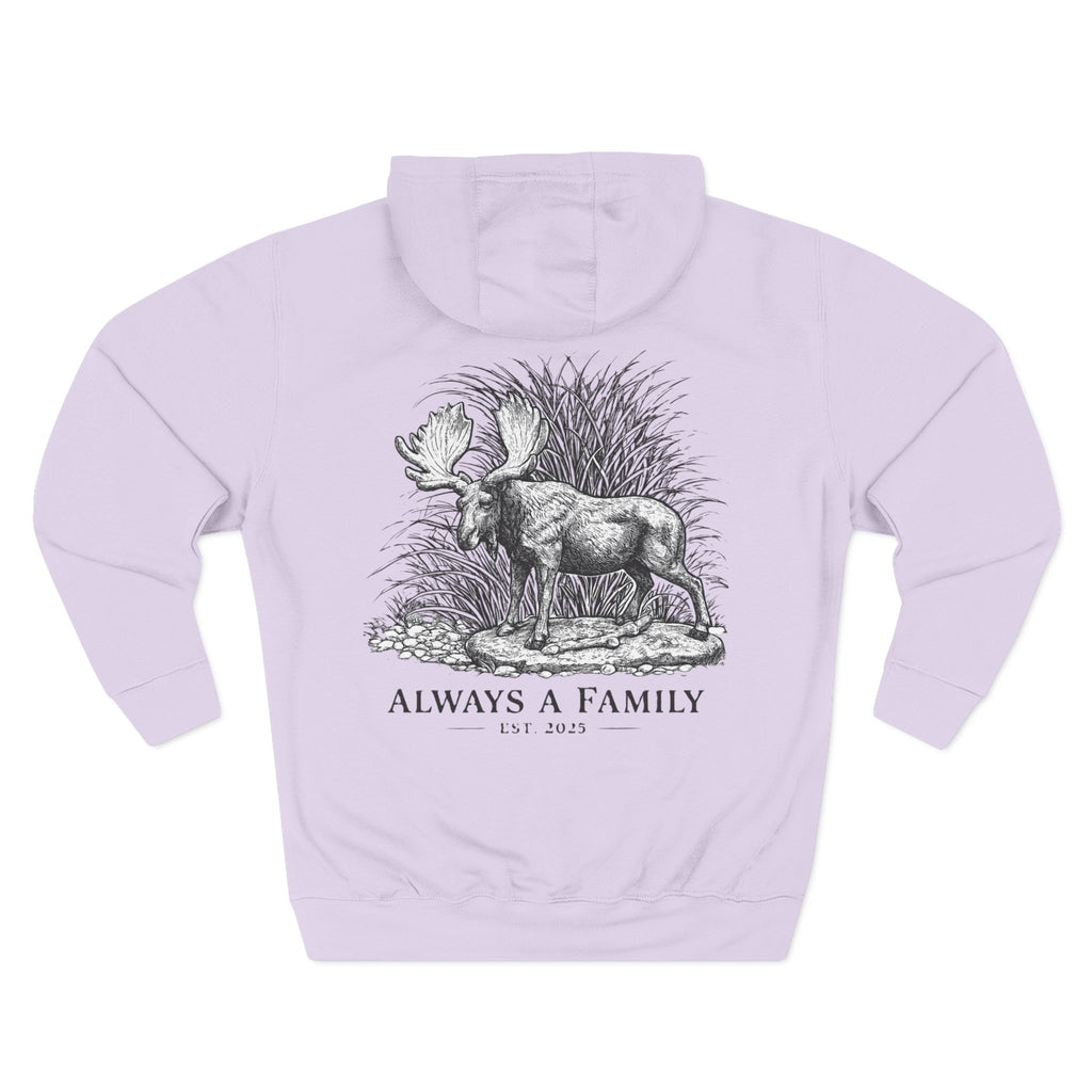 Moose Illustration Hoodie — "Always A Family" Graphic Fleece Hoodie