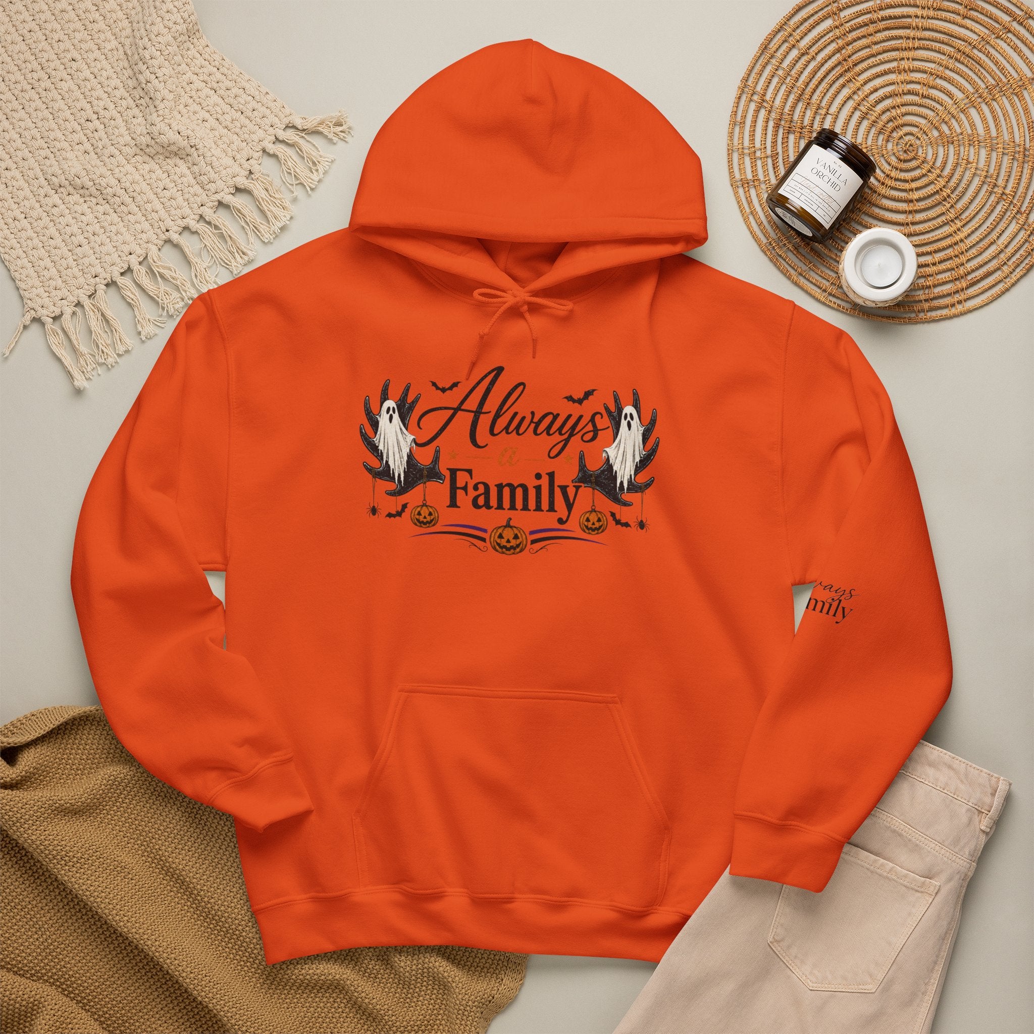 Always a Family Hoodie — Cozy Fall Halloween Antler Graphic Pullover