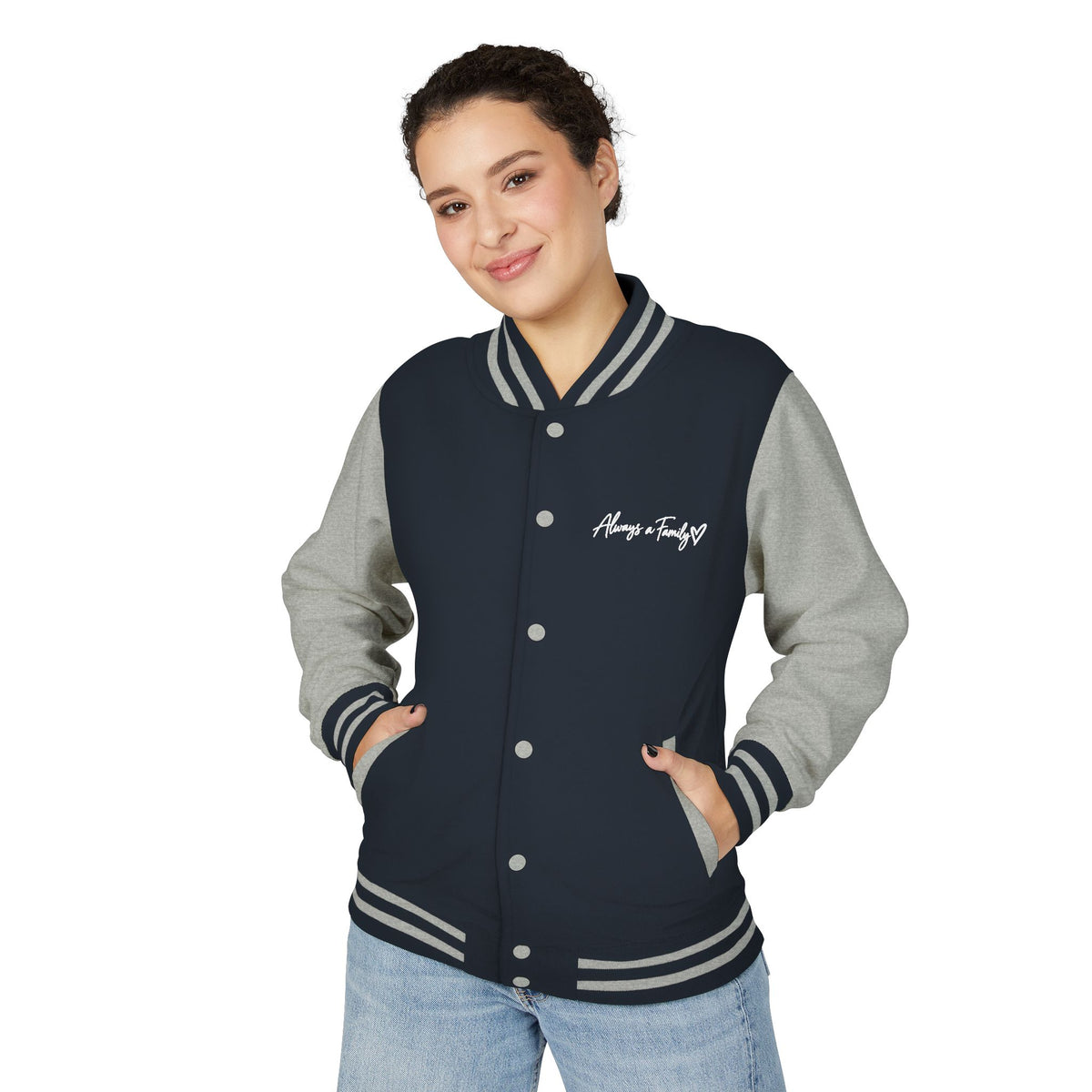 Letterman Jacket —Varsity Jacket with Script Always a Family Chest Logo