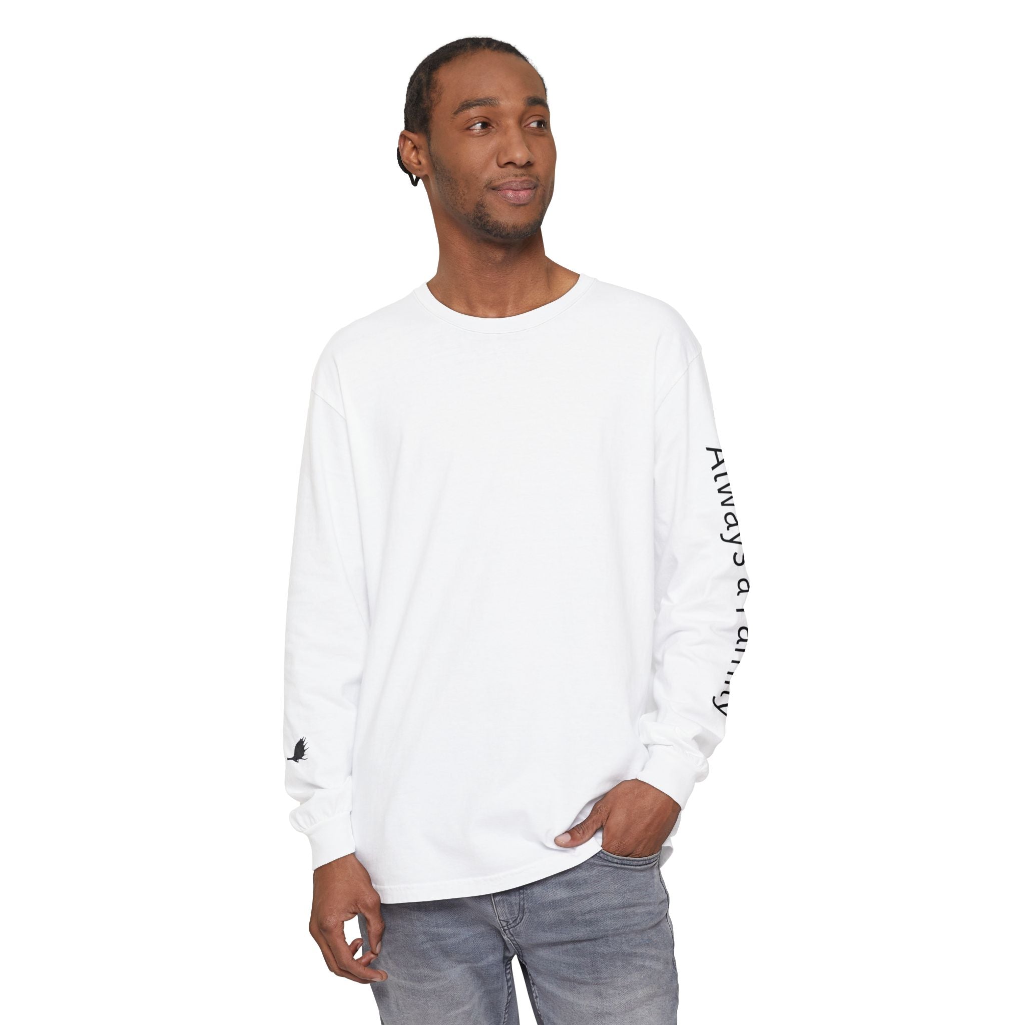 Long Sleeve T‑Shirt — “Always a Family” Sleeve Graphic, Minimal White Crewneck