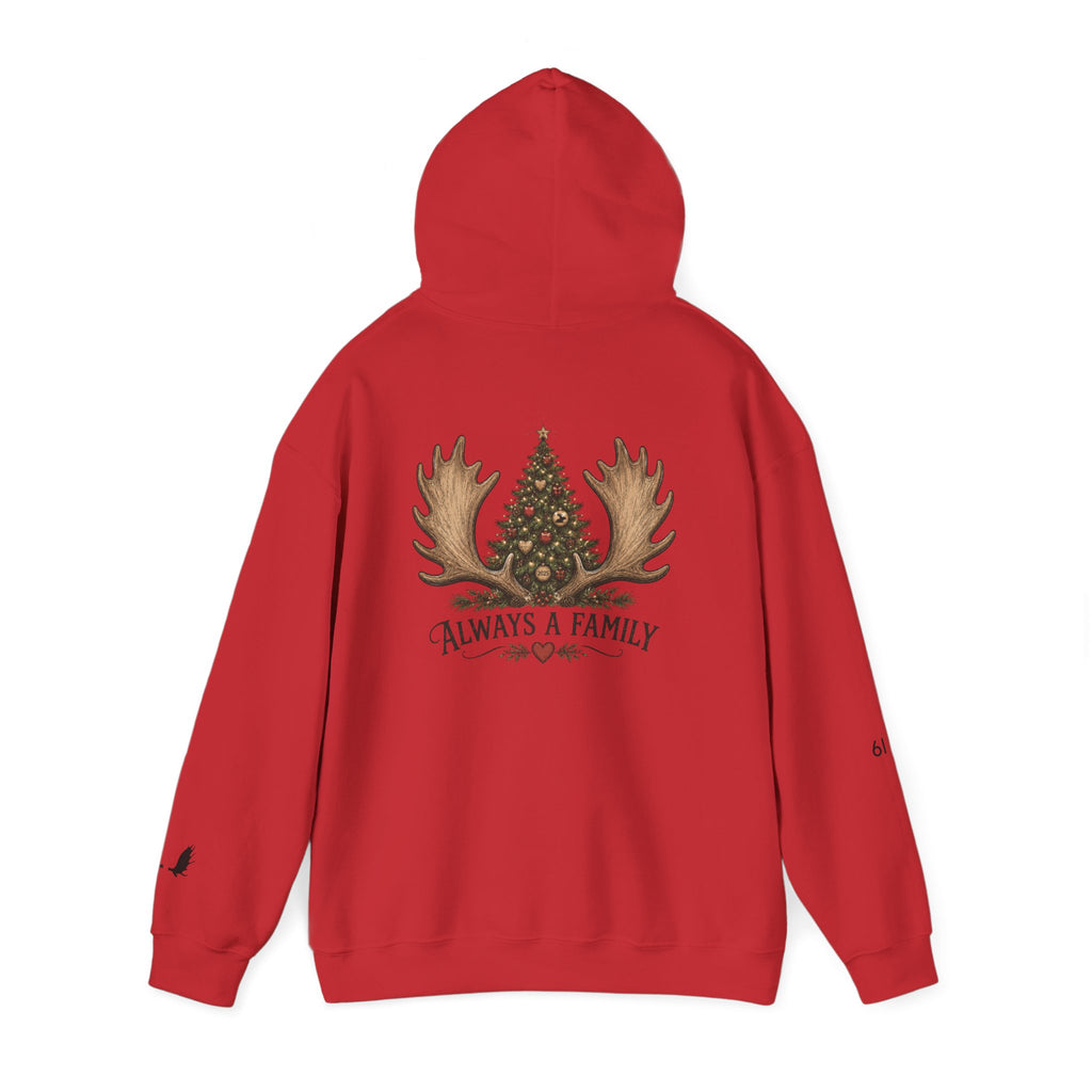 Hoodie — "Always a Family" Christmas Moose Antler Tree Holiday Hoodie
