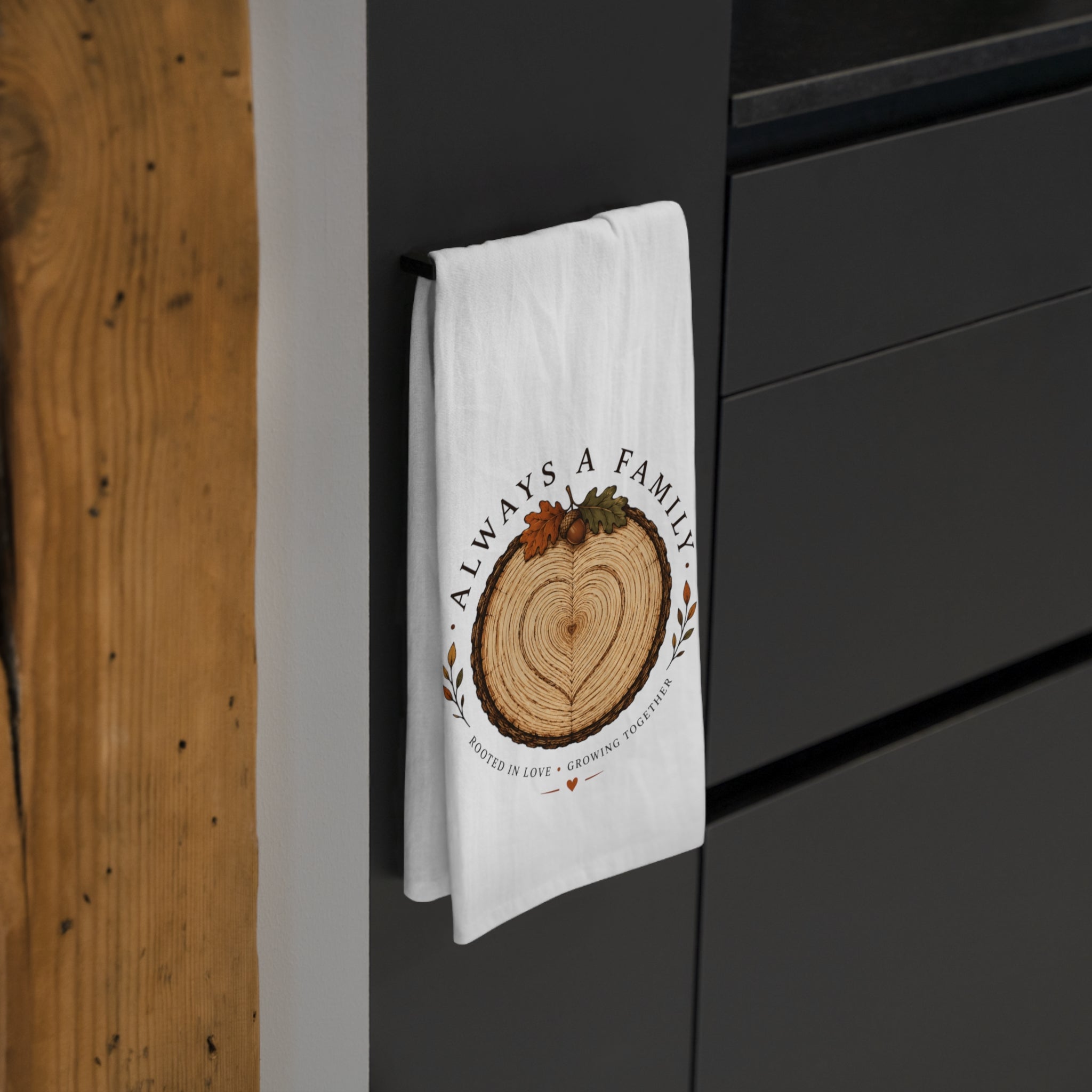 Always a Family Wood Slice Tea Towel – Rustic Family Kitchen Gift