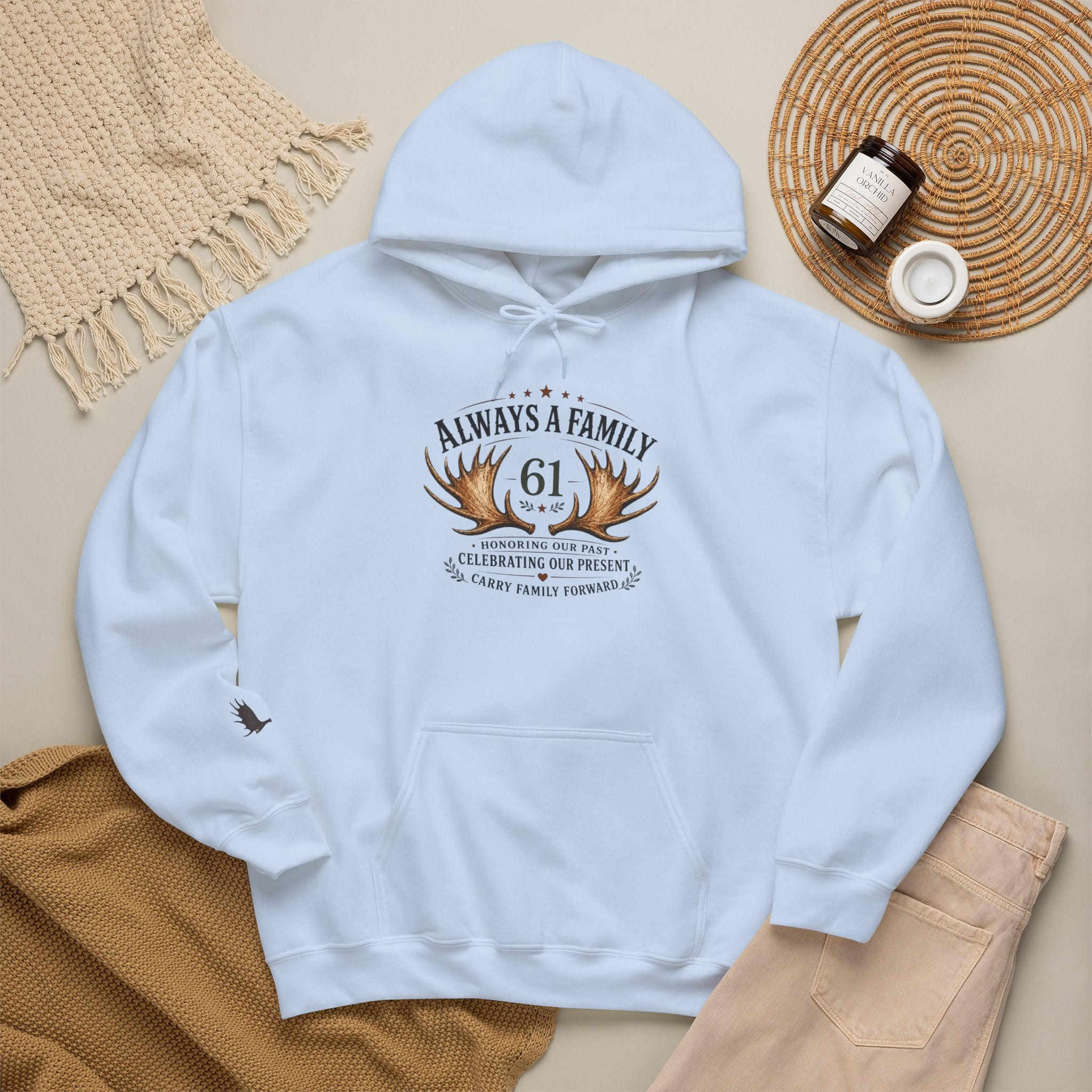 Hoodie — "Always a Family" Heart & Antlers Pullover