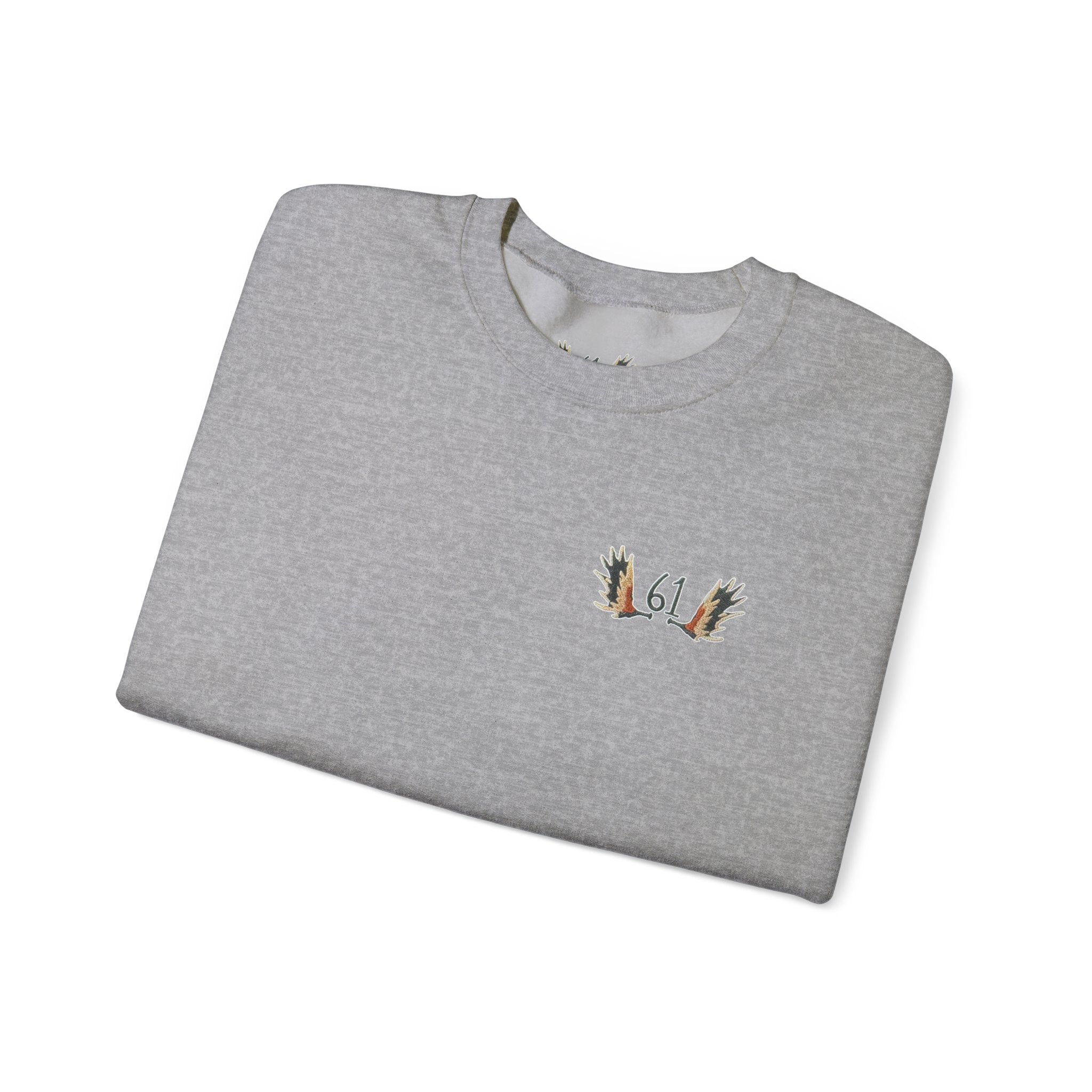 “61” Minimal Crewneck Sweatshirt — Small Chest Emblem with ‘Always a Family’ Sleeve