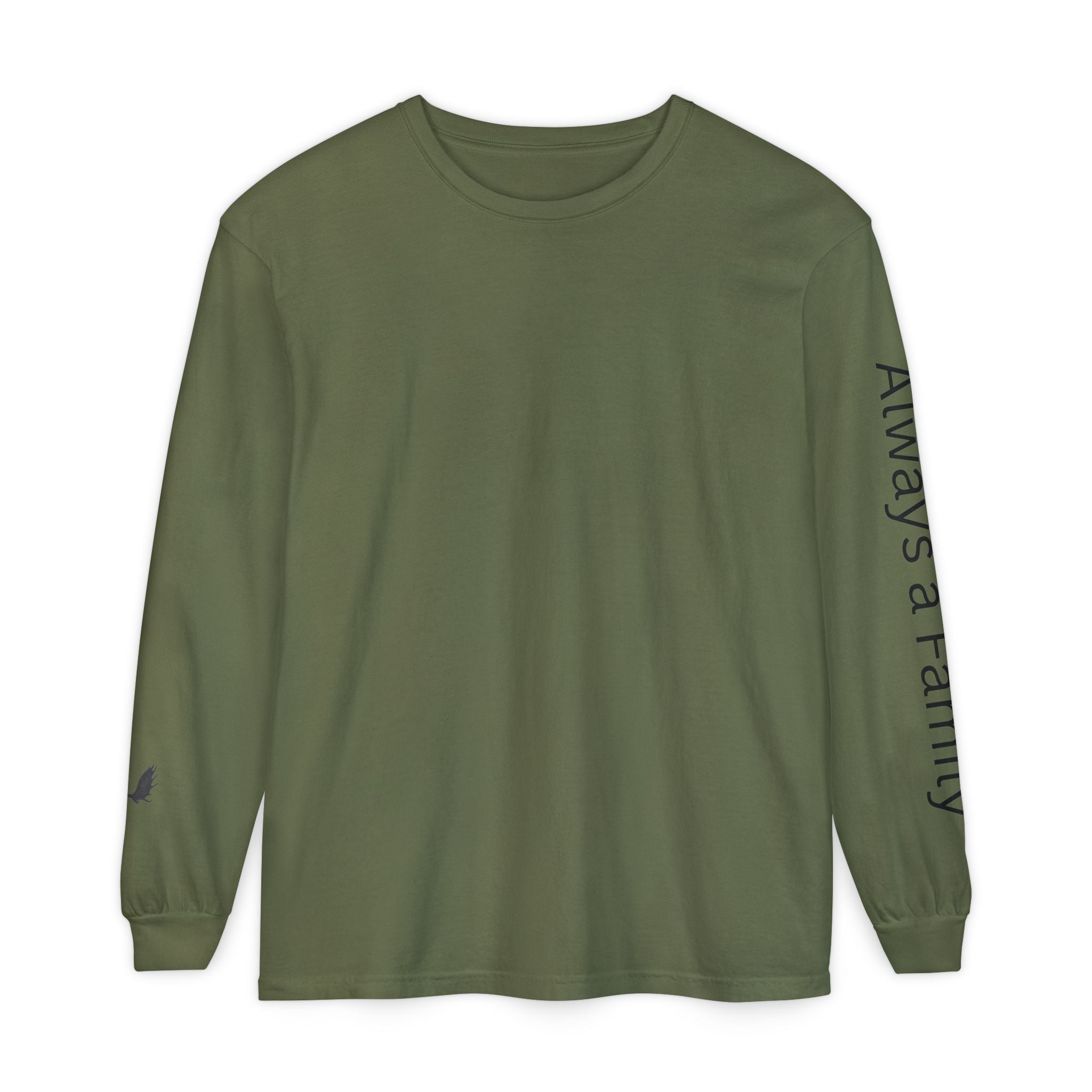 Long Sleeve T‑Shirt — “Always a Family” Sleeve Graphic, Minimal White Crewneck