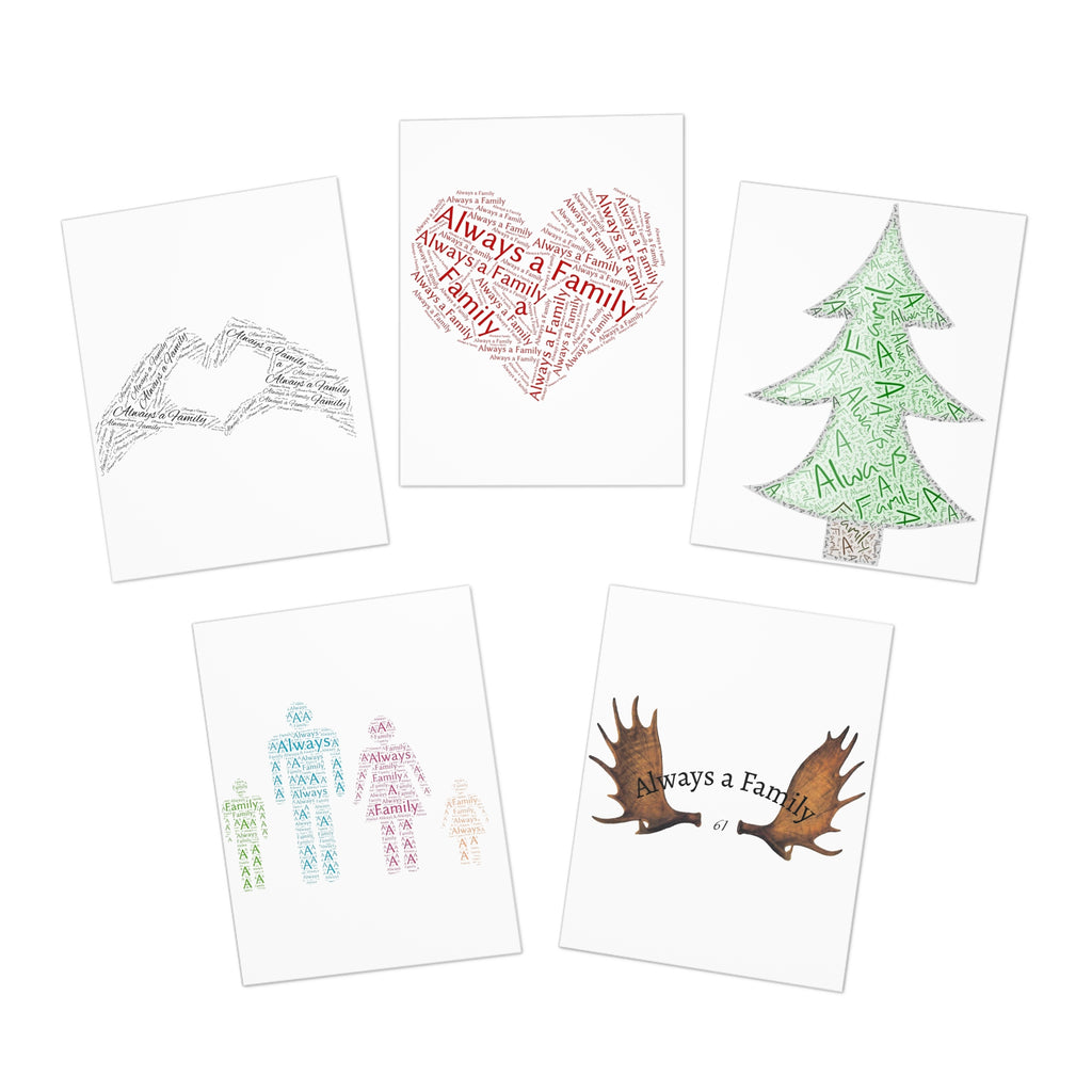 Always a Family — 5-Pack Greeting Card Set (Heart, Tree, Family & Moose Designs)