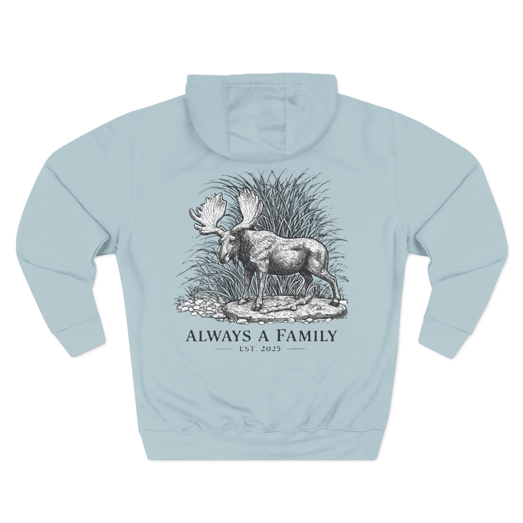 Moose Illustration Hoodie — "Always A Family" Graphic Fleece Hoodie