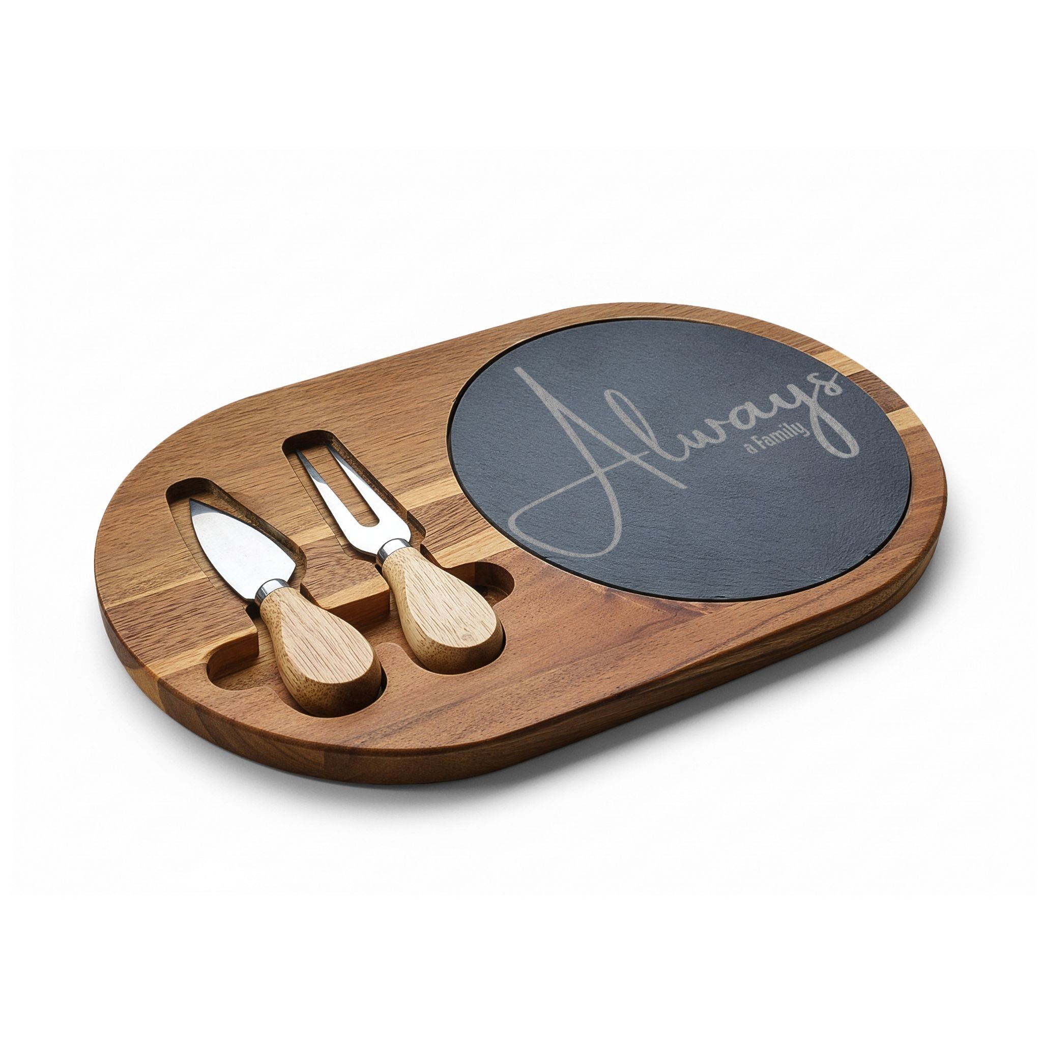 Engraved Bamboo Charcuterie Board with Slate Insert & Cheese Knives — "Always" Design