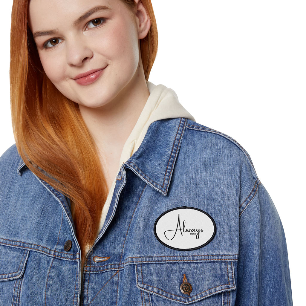 Always Script Iron-On Patch — Round Black-Trim Badge for Jackets, Bags & Hats