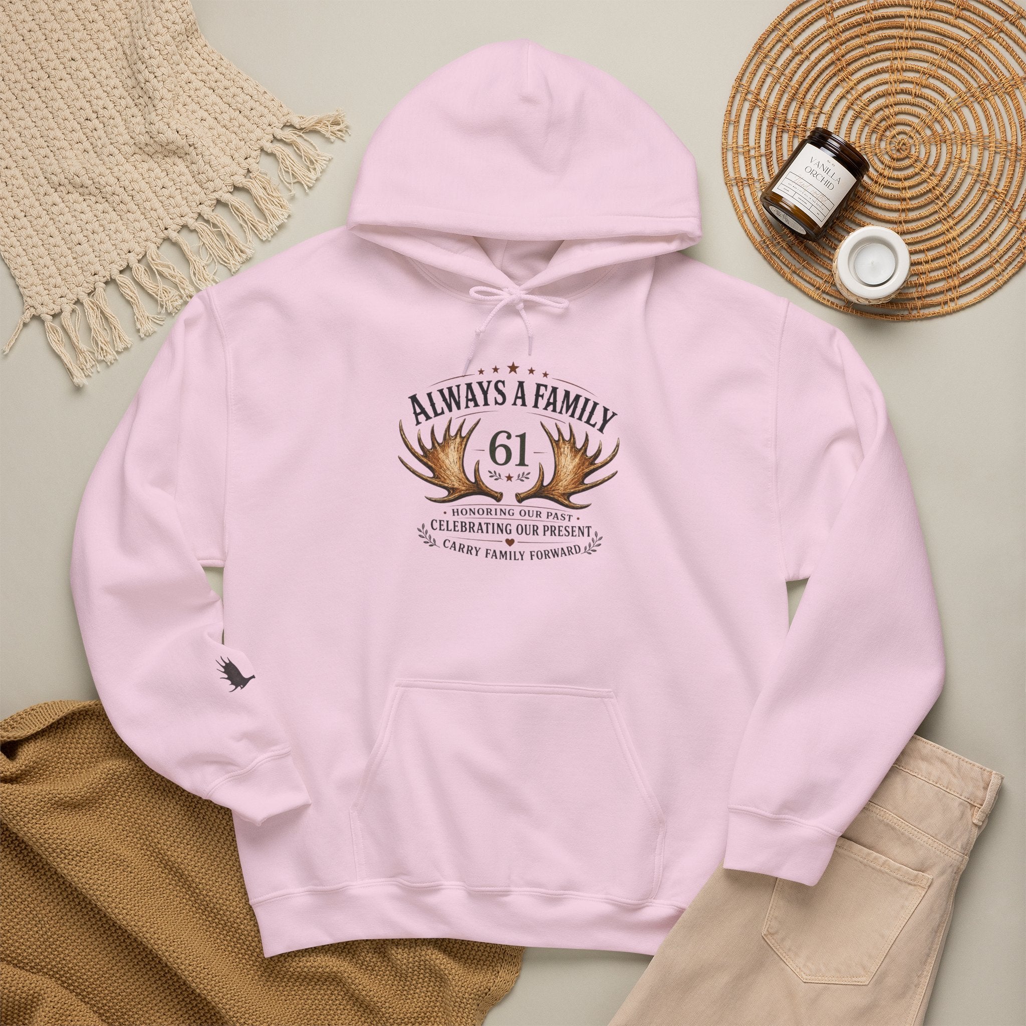 Hoodie — "Always a Family" Heart & Antlers Pullover