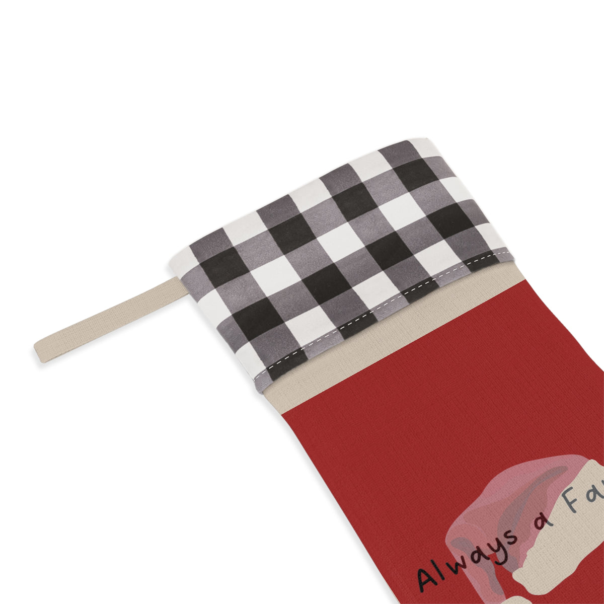 Christmas Stocking — Personalized Buffalo Plaid Santa Hat Stocking ("Always a Family")