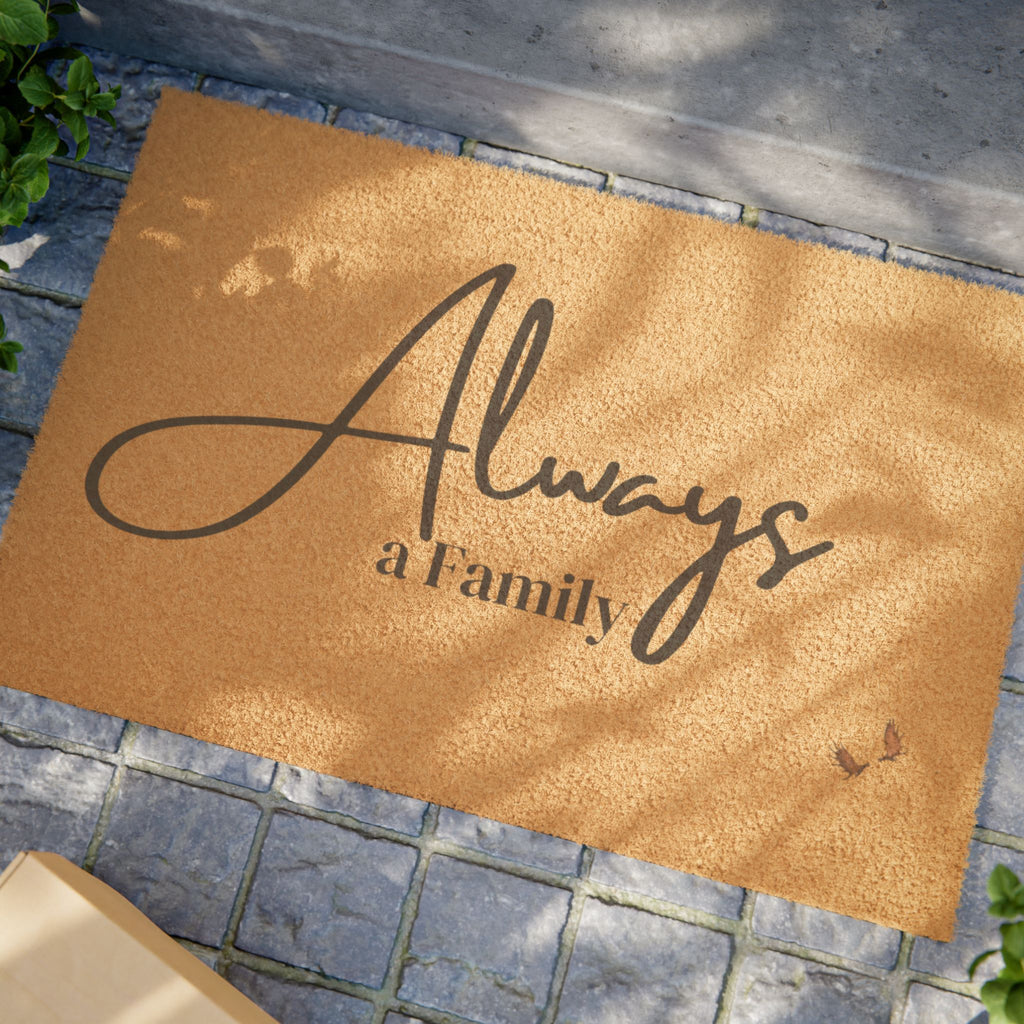 Always a Family Doormat — Welcome Coir Door Mat with Script Text