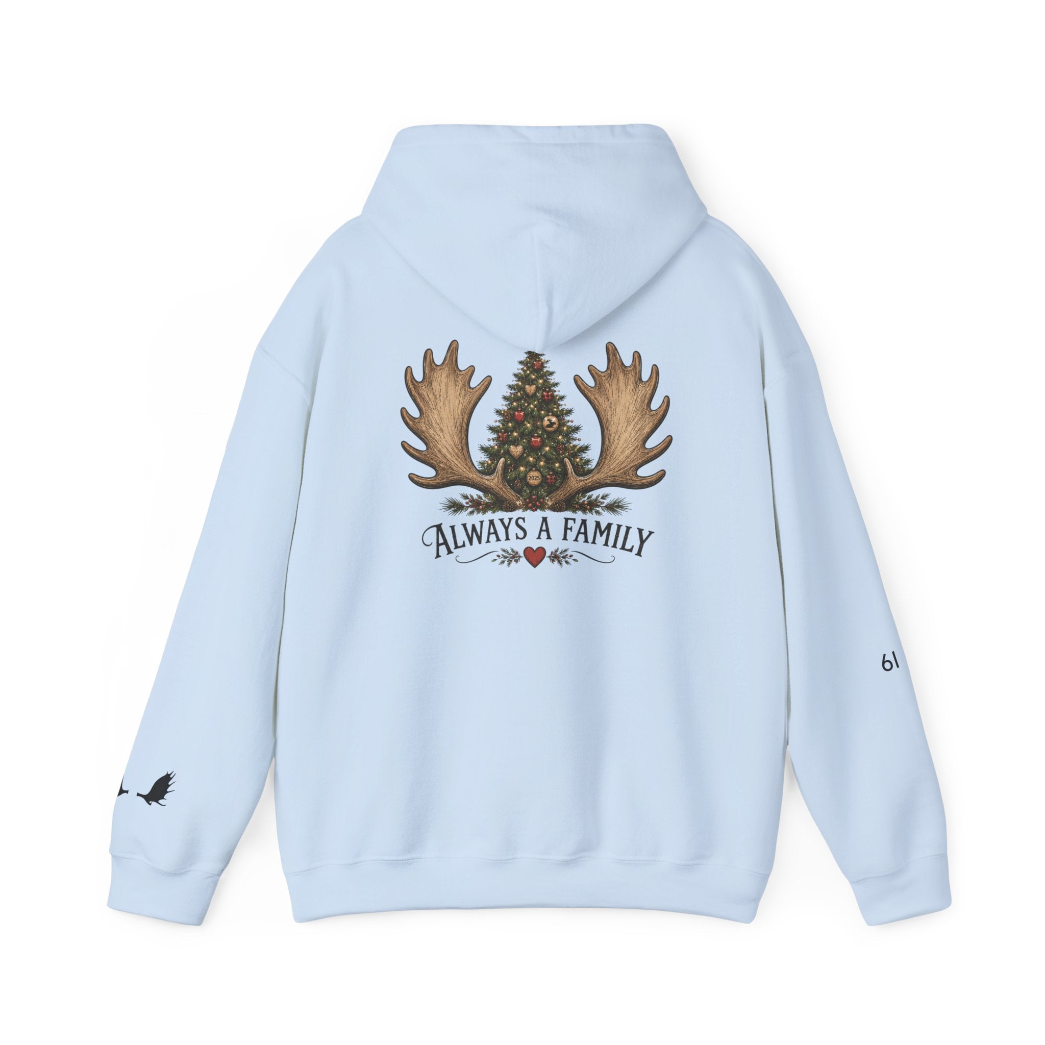 Hoodie — "Always a Family" Christmas Moose Antler Tree Holiday Hoodie