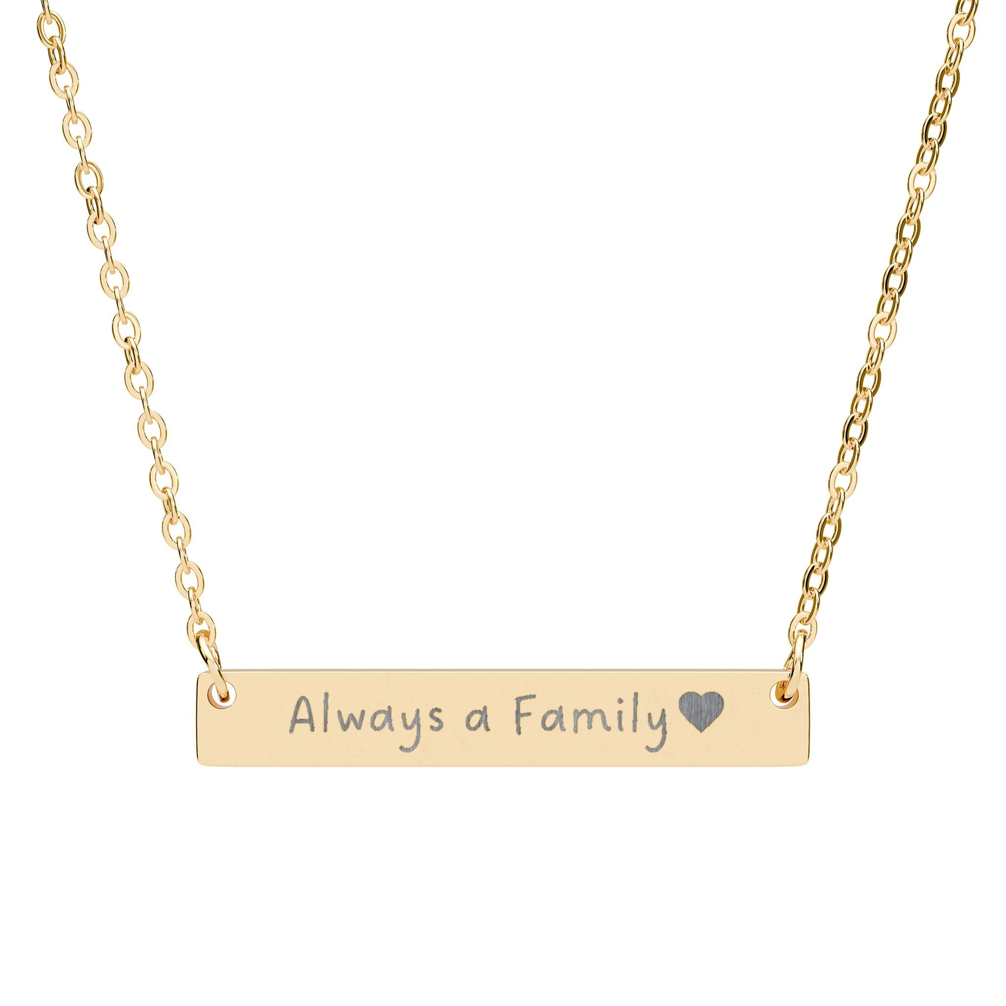 Engravable Horizontal Bar Necklace – Always a Family & Heart Pendant