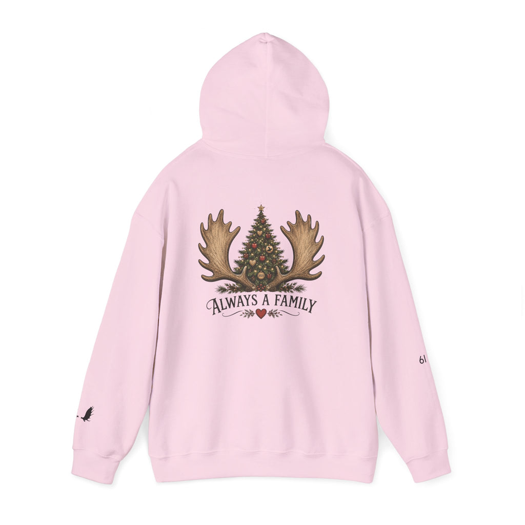 Hoodie — "Always a Family" Christmas Moose Antler Tree Holiday Hoodie
