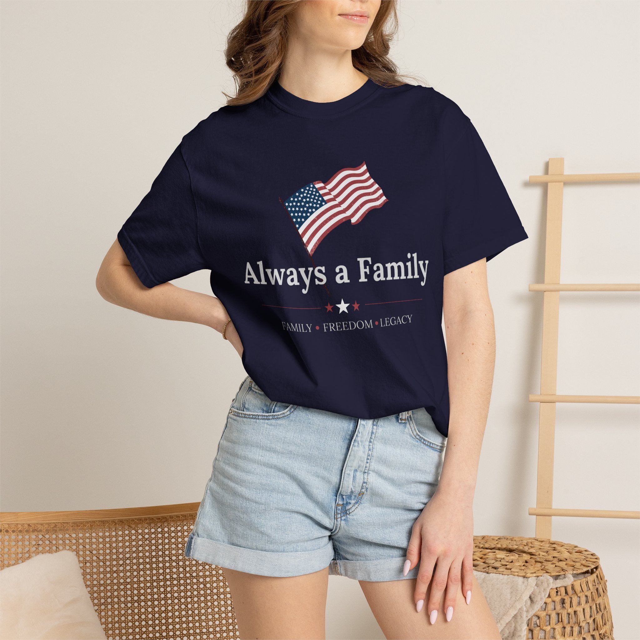 Always a Family T-Shirt — Patriotic American Flag Tee ("Always a Family" / "United by Love, Bound by Legacy")