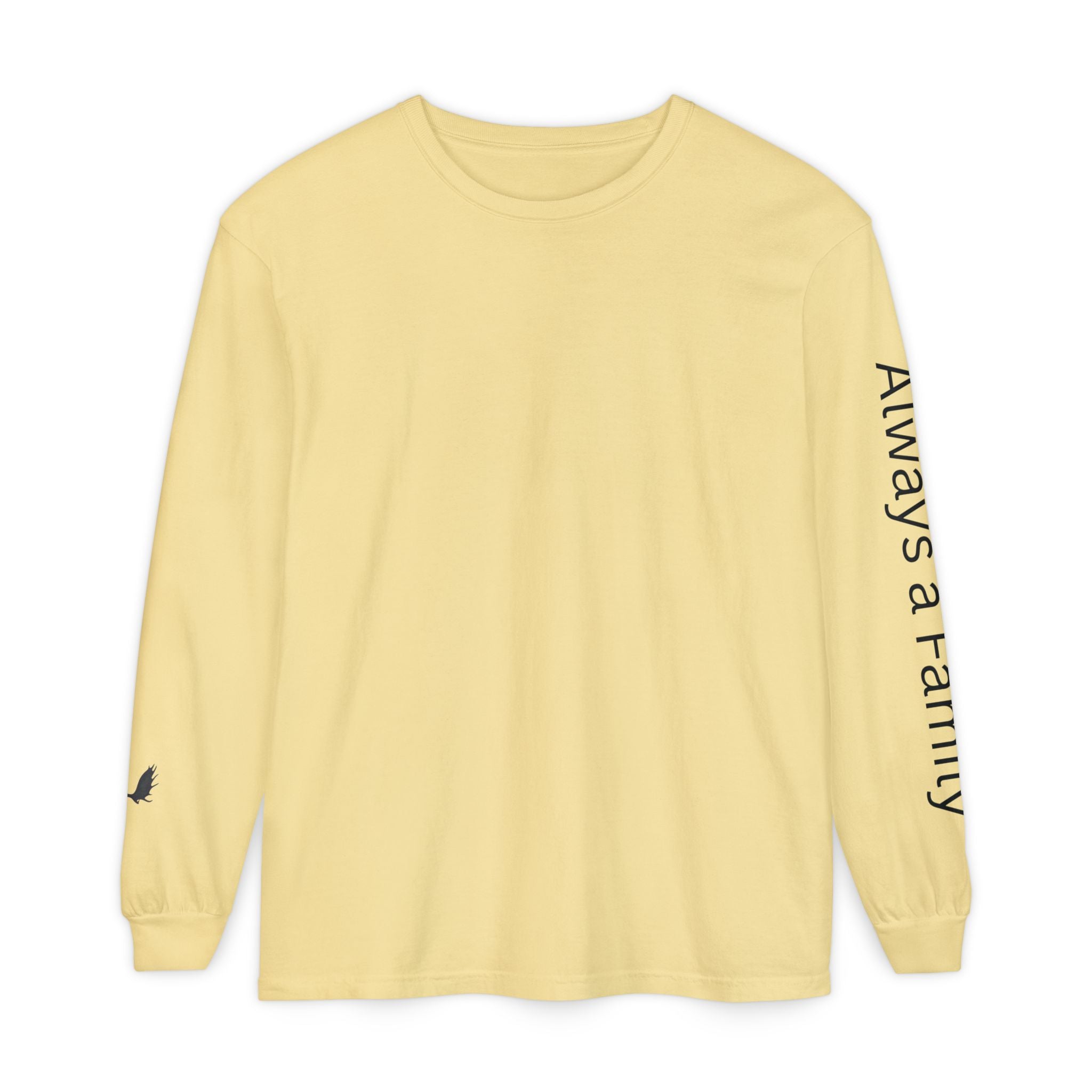 Long Sleeve T‑Shirt — “Always a Family” Sleeve Graphic, Minimal White Crewneck