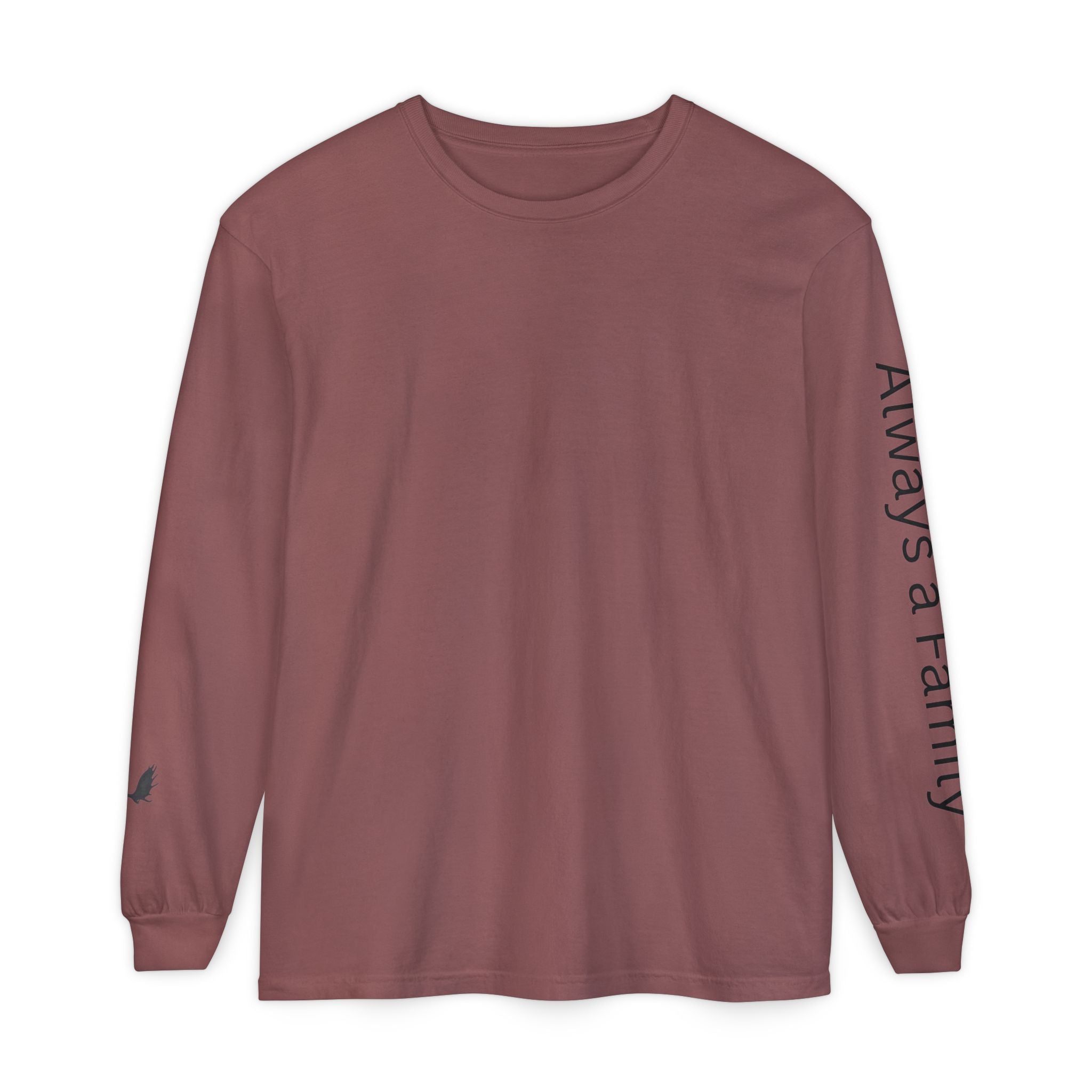 Long Sleeve T‑Shirt — “Always a Family” Sleeve Graphic, Minimal White Crewneck