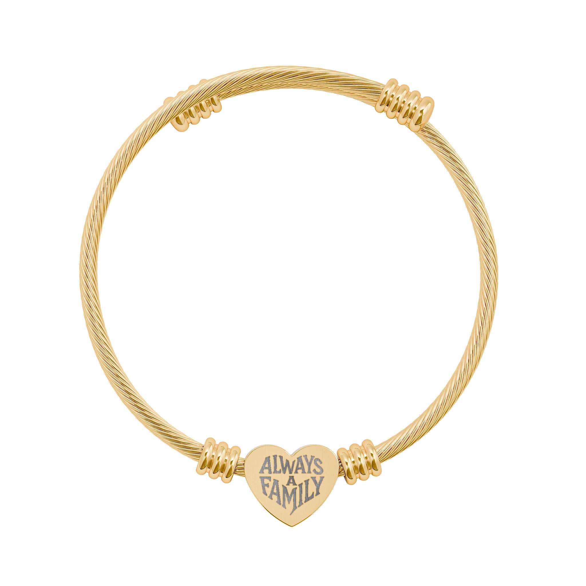 Engravable Heart Cuff Bracelet — "Always Family" Cable Bangle (Silver or Gold)