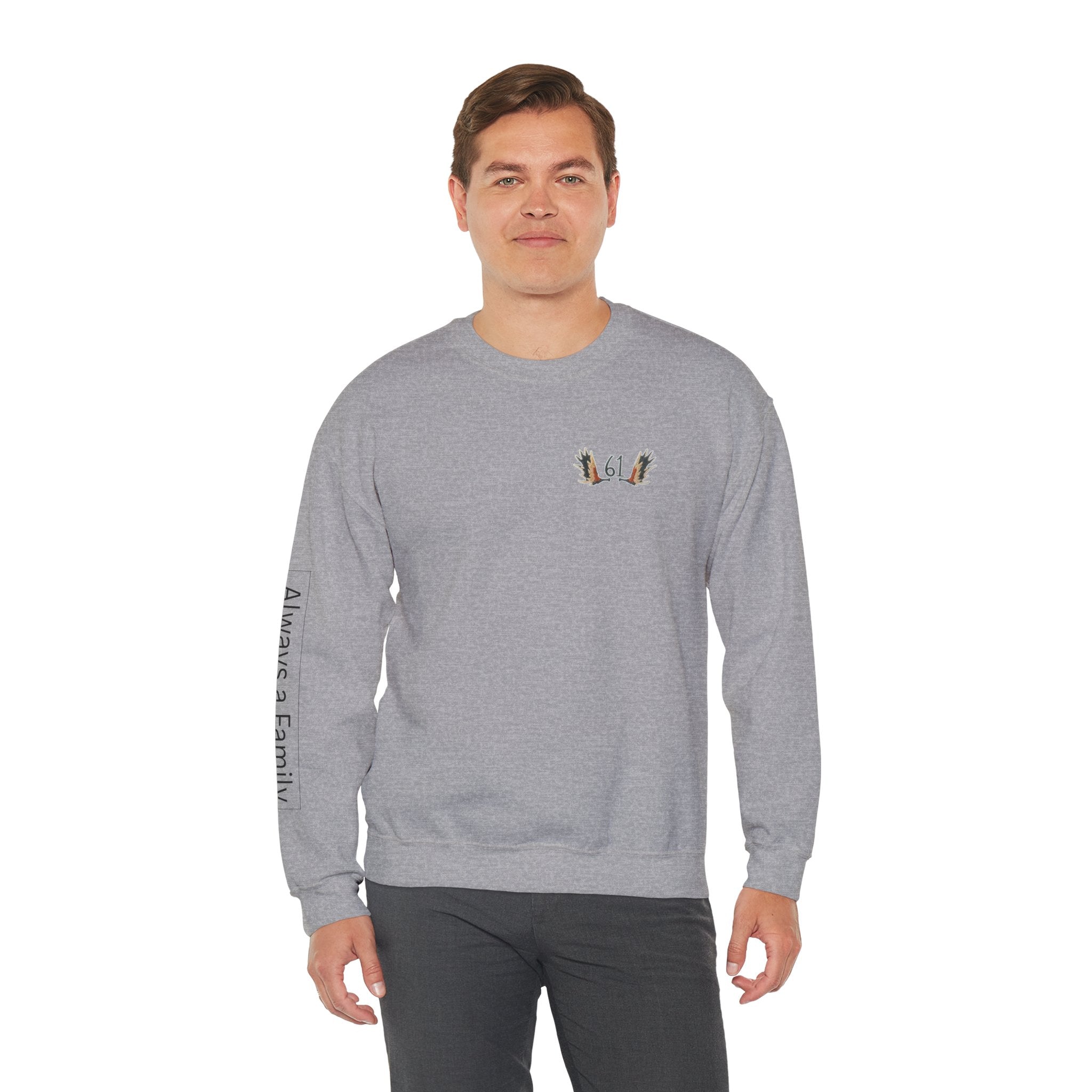 “61” Minimal Crewneck Sweatshirt — Small Chest Emblem with ‘Always a Family’ Sleeve