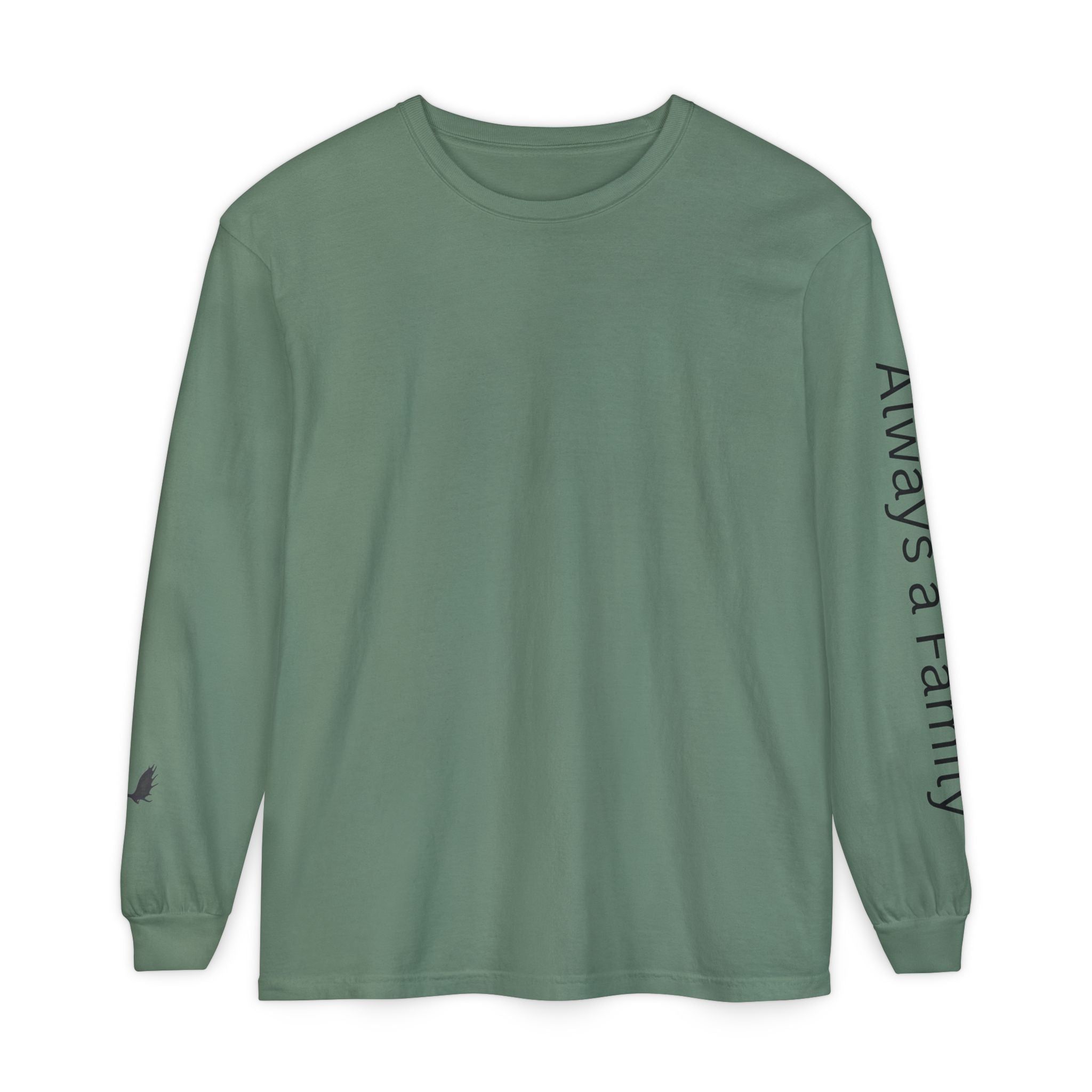 Long Sleeve T‑Shirt — “Always a Family” Sleeve Graphic, Minimal White Crewneck