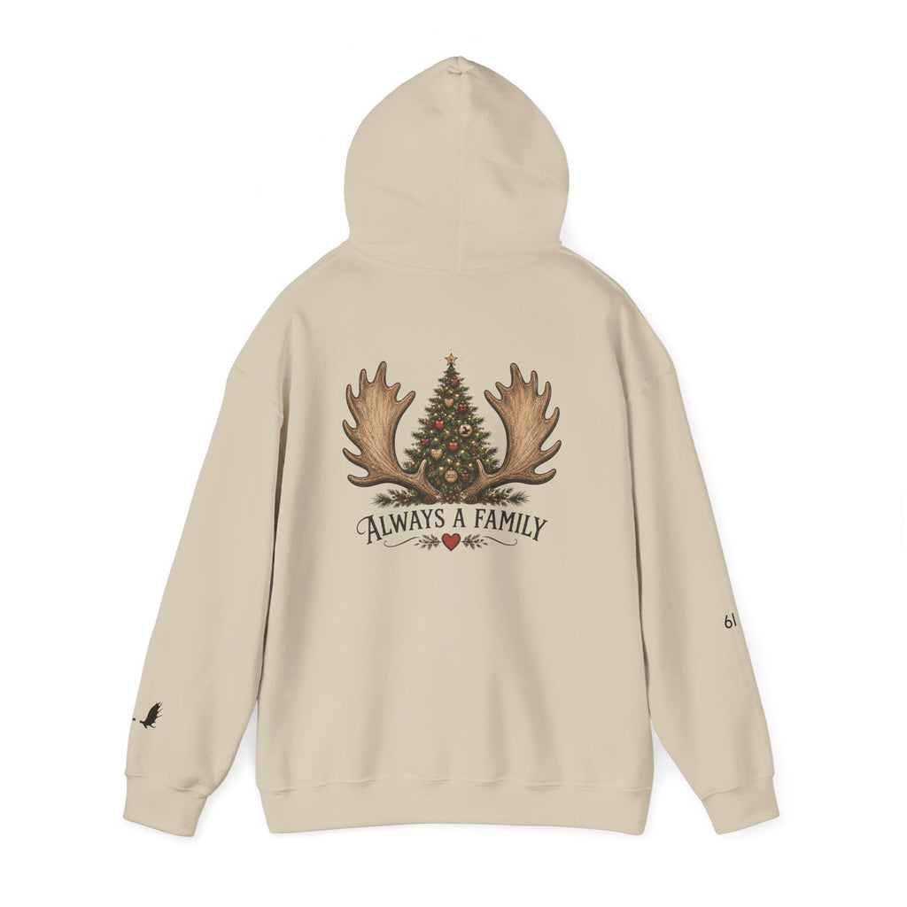 Hoodie — "Always a Family" Christmas Moose Antler Tree Holiday Hoodie