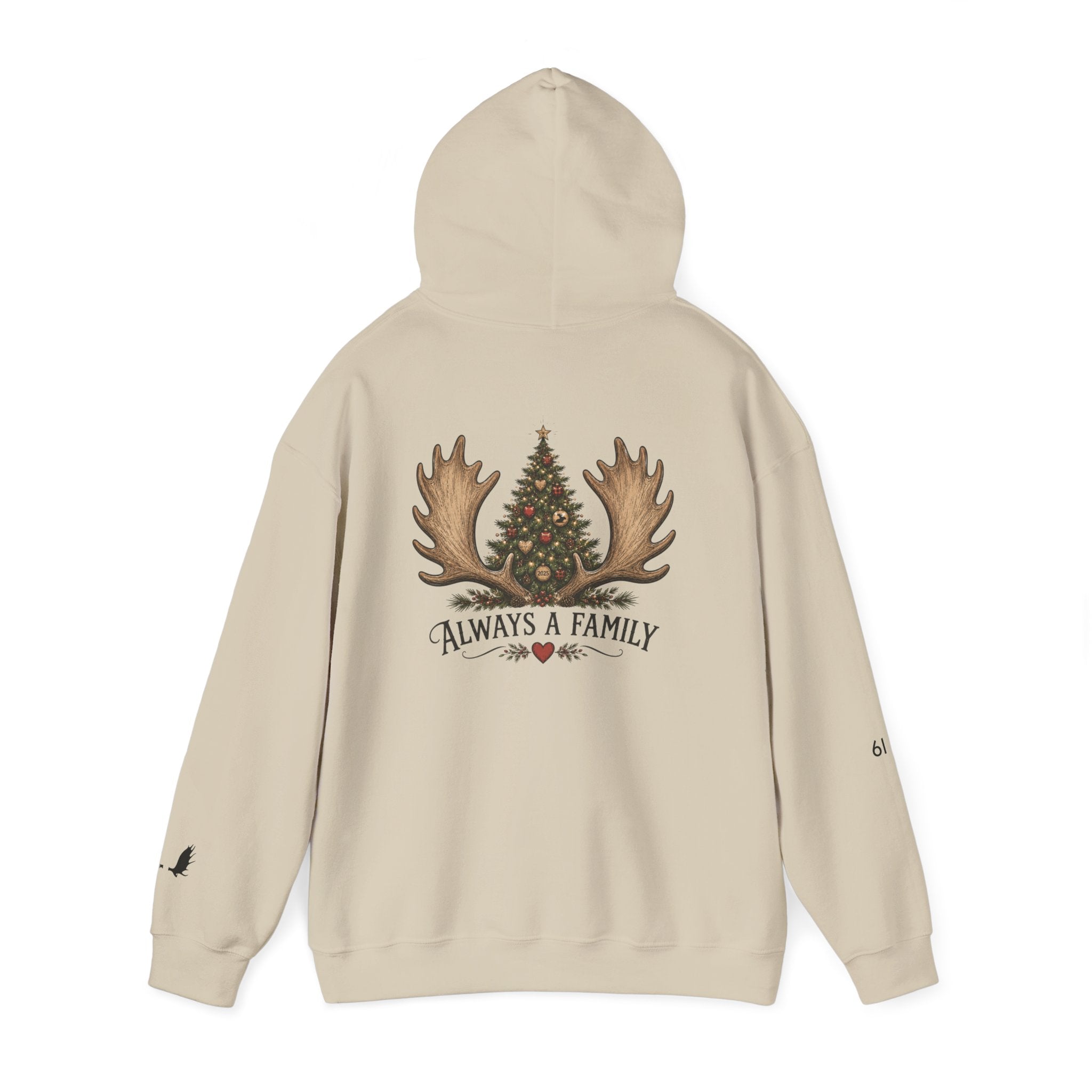 Hoodie — "Always a Family" Christmas Moose Antler Tree Holiday Hoodie